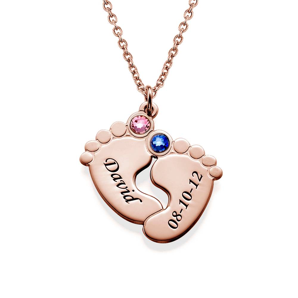 Personalized Baby Feet Necklace with Birthstones - Rose Gold Plated
