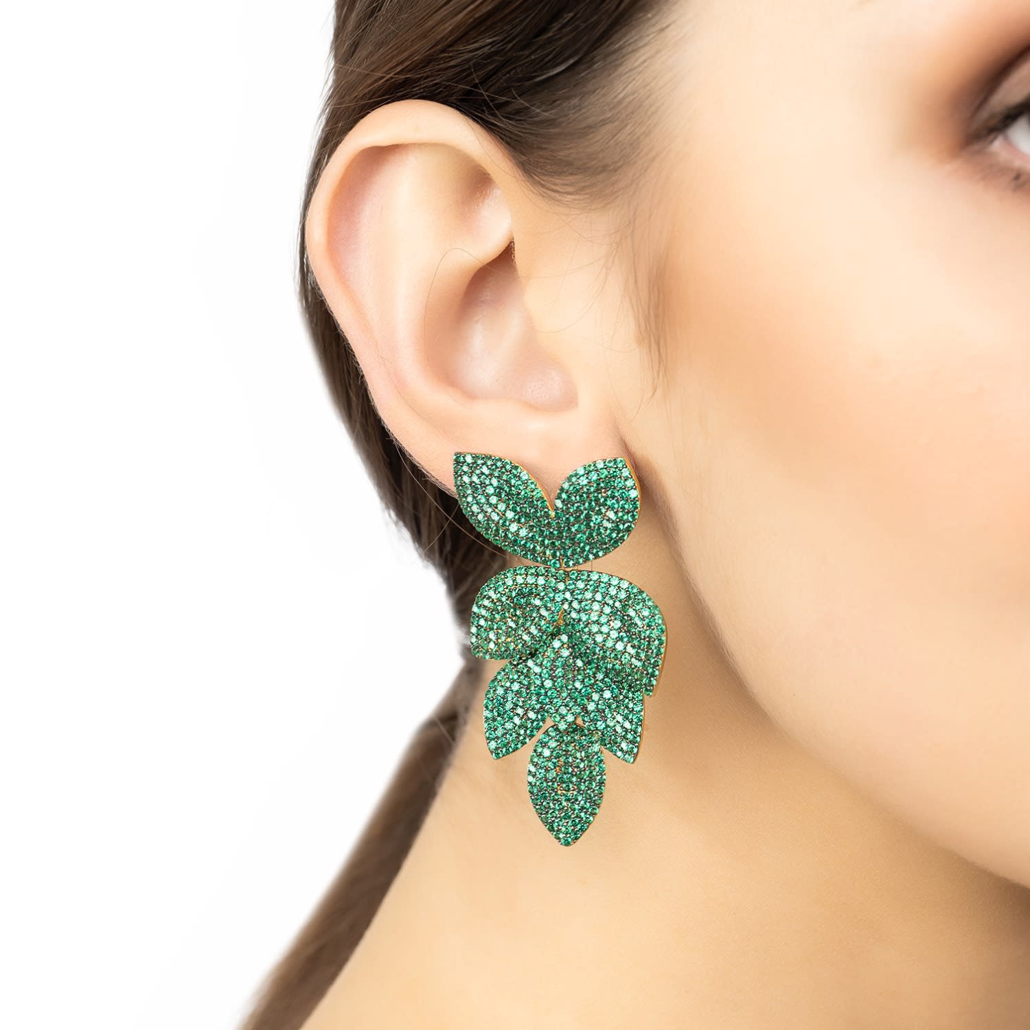 Petal Cascading Flower Clip On Earrings Gold Green Cz