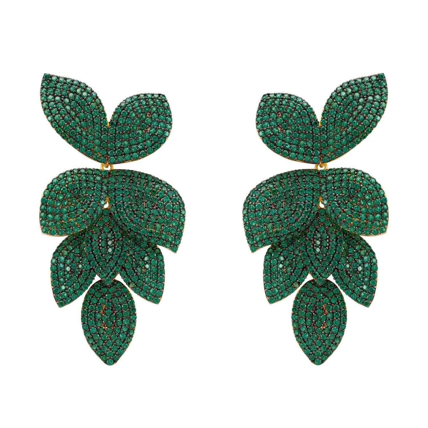 Petal Cascading Flower Clip On Earrings Gold Green Cz