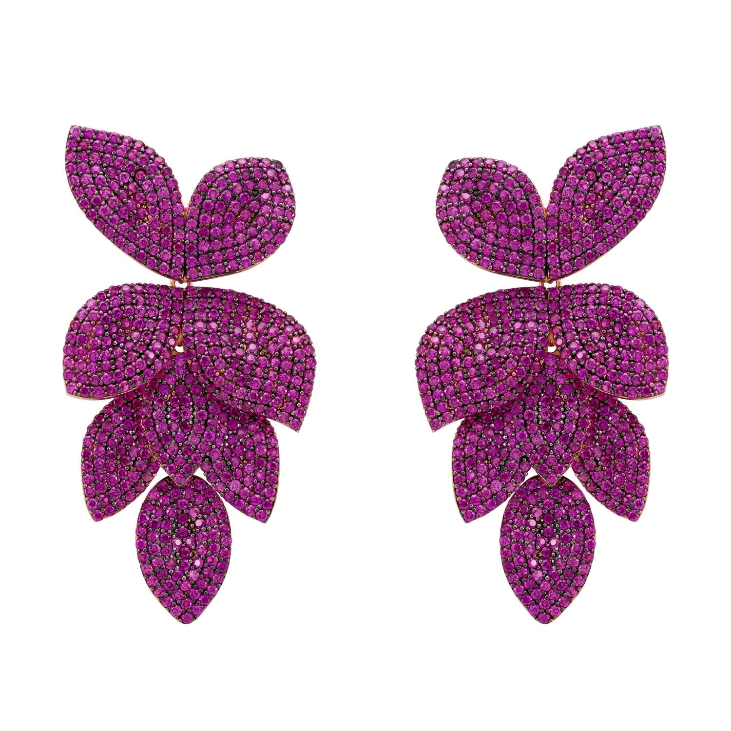 Petal Cascading Flower Clip On Earrings Rosegold Ruby Cz