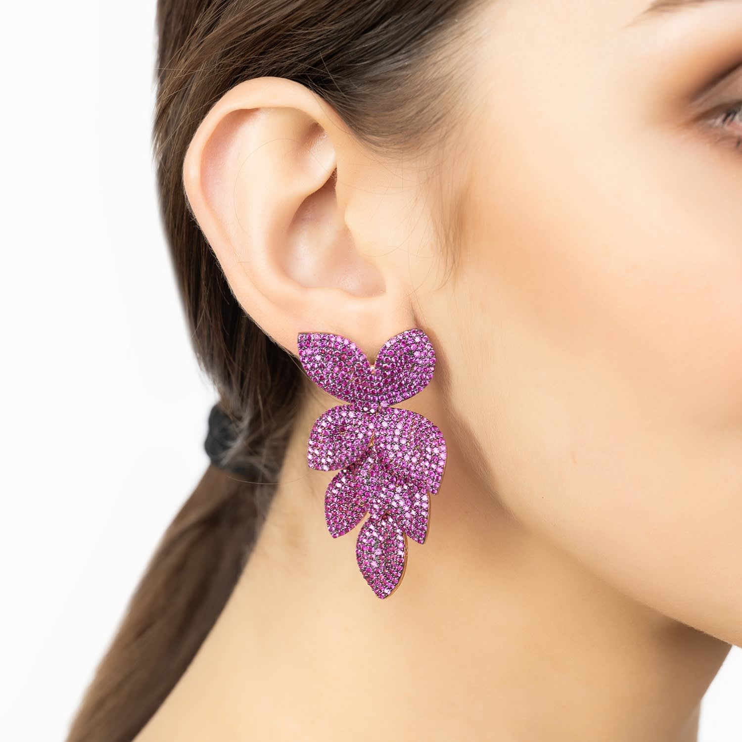 Petal Cascading Flower Clip On Earrings Rosegold Ruby Cz