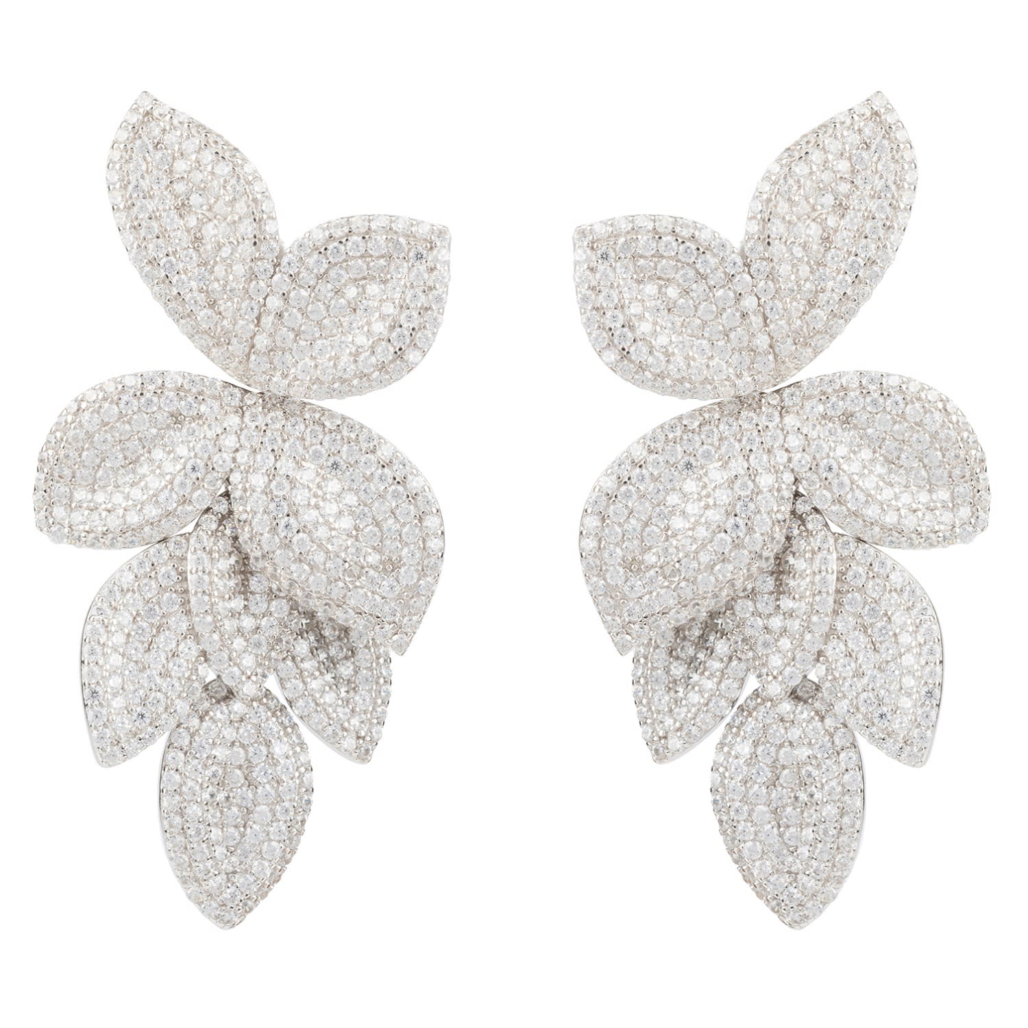 Petal Cascading Flower Clip On Earrings Silver