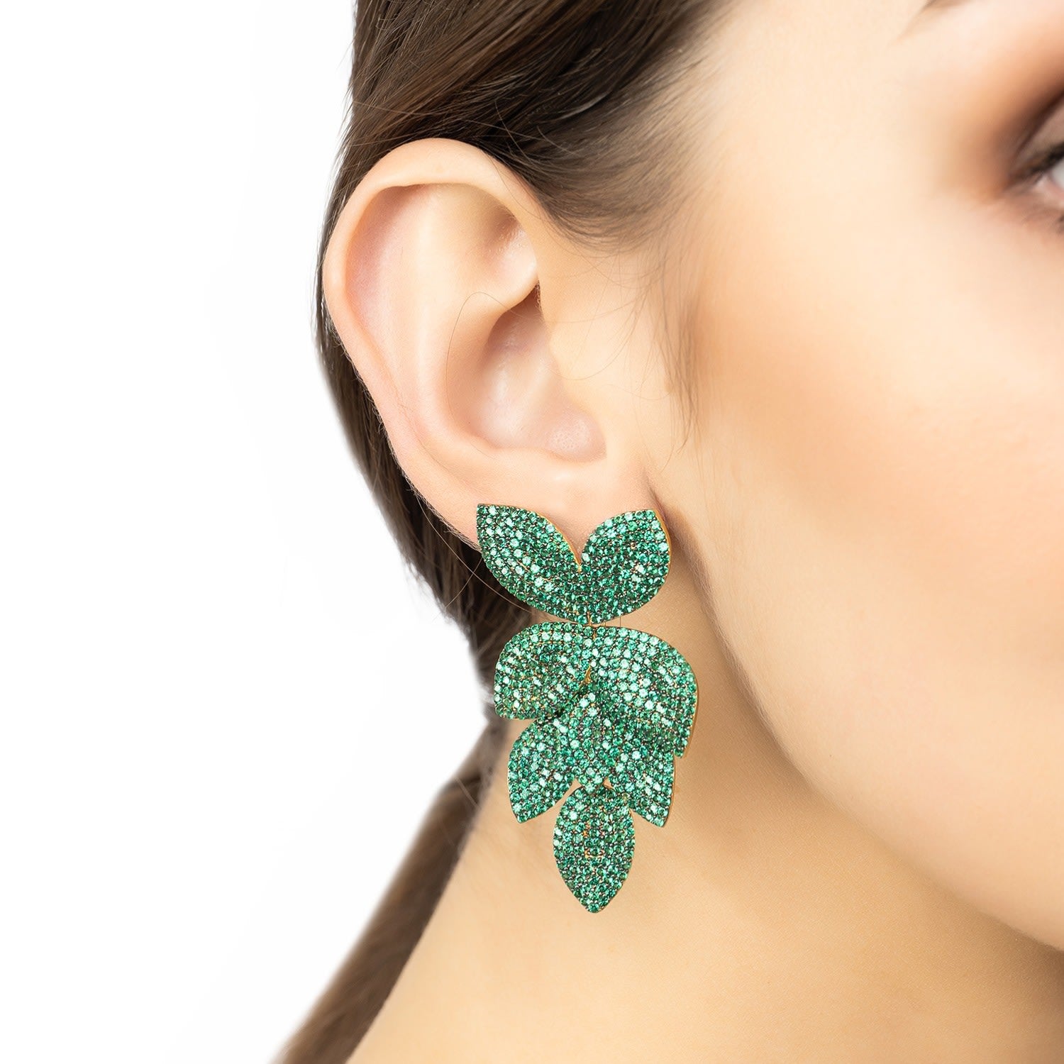 Petal Cascading Flower Earrings Gold Emerald Green