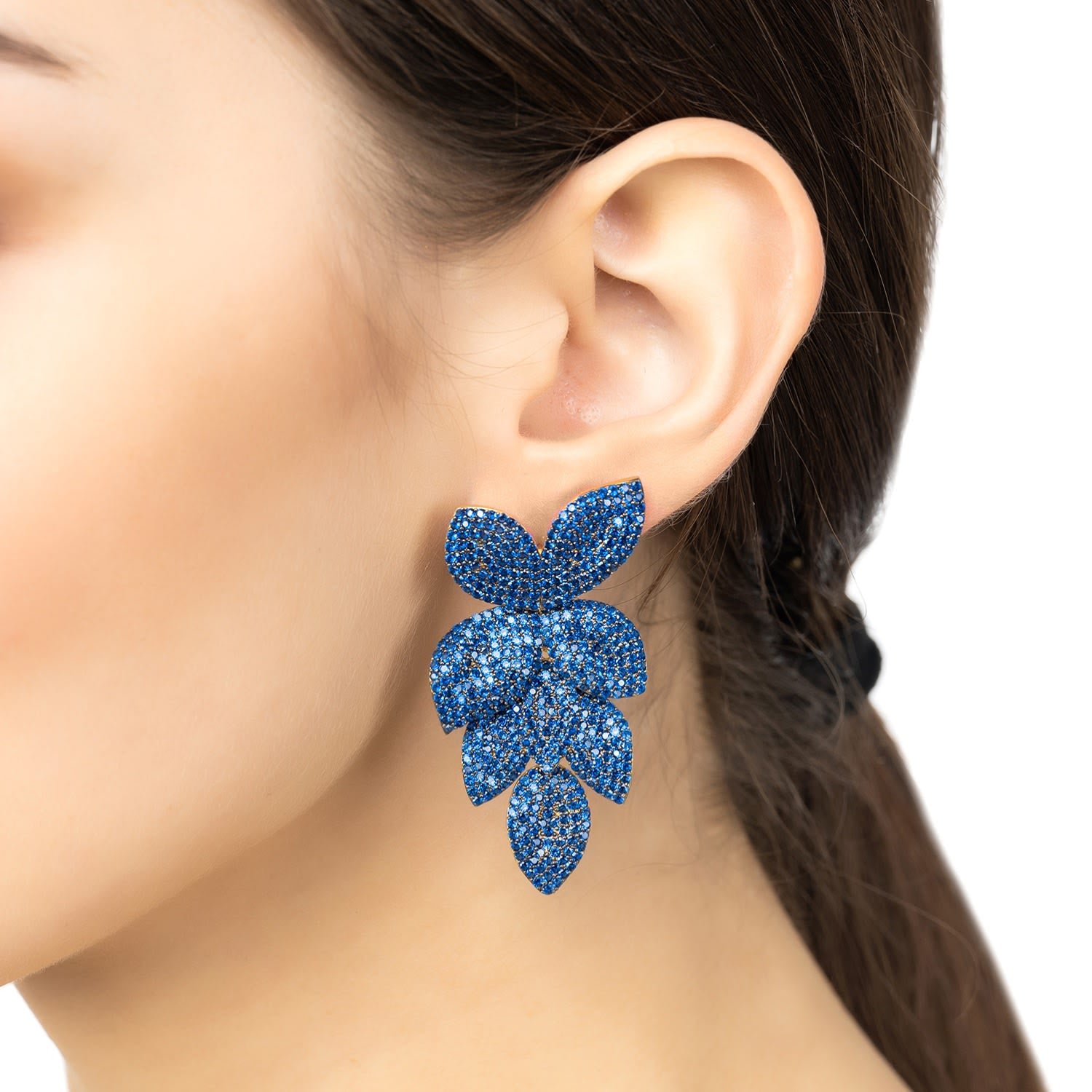 Petal Cascading Flower Earrings Gold Sapphire Cz