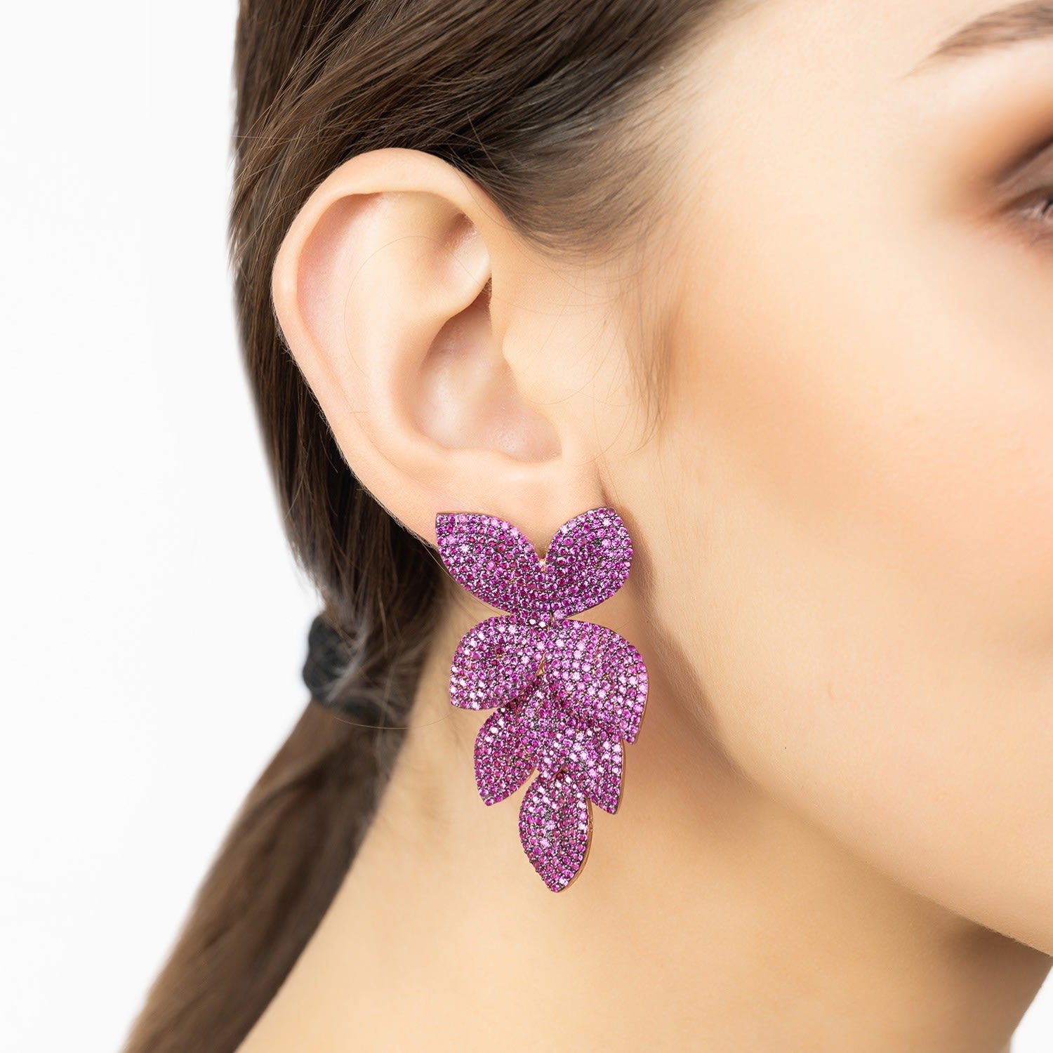 Petal Cascading Flower Earrings Rosegold Ruby Cz