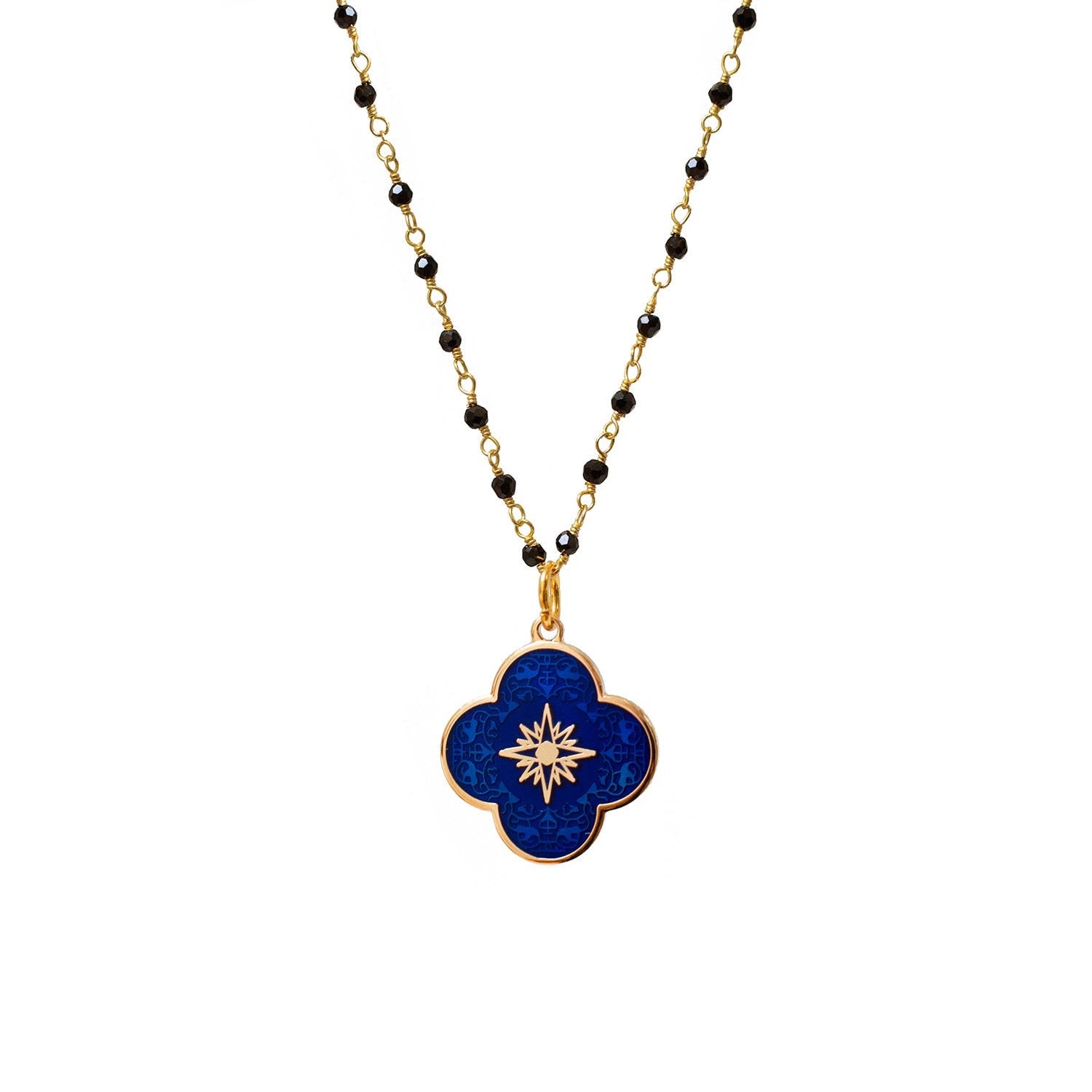 Petal Star Cross Enamel Medal Royal Blue On Long Black Onyx Rosary