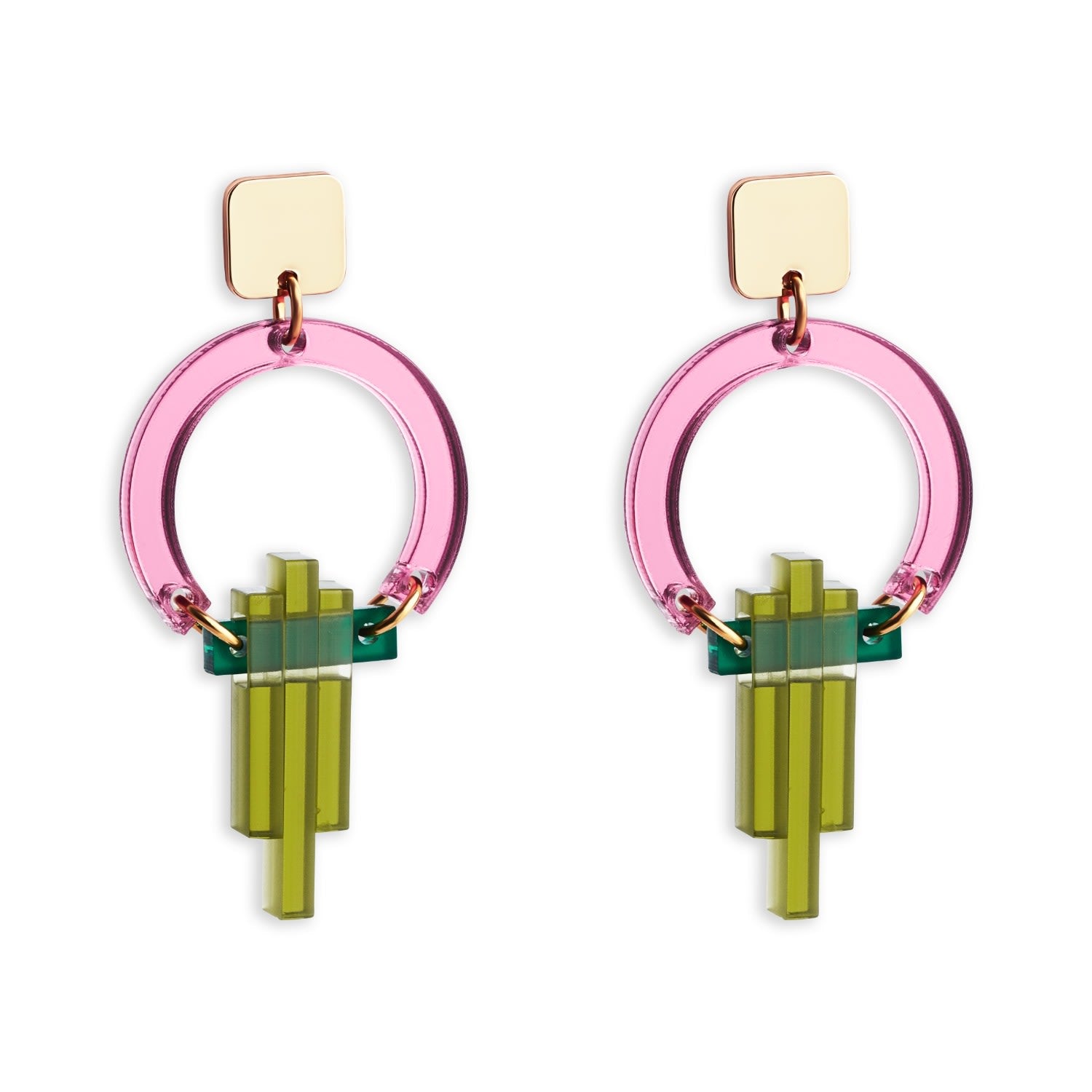 Petite Art Deco Chandeliers - Pink Mirror And Lime Zest