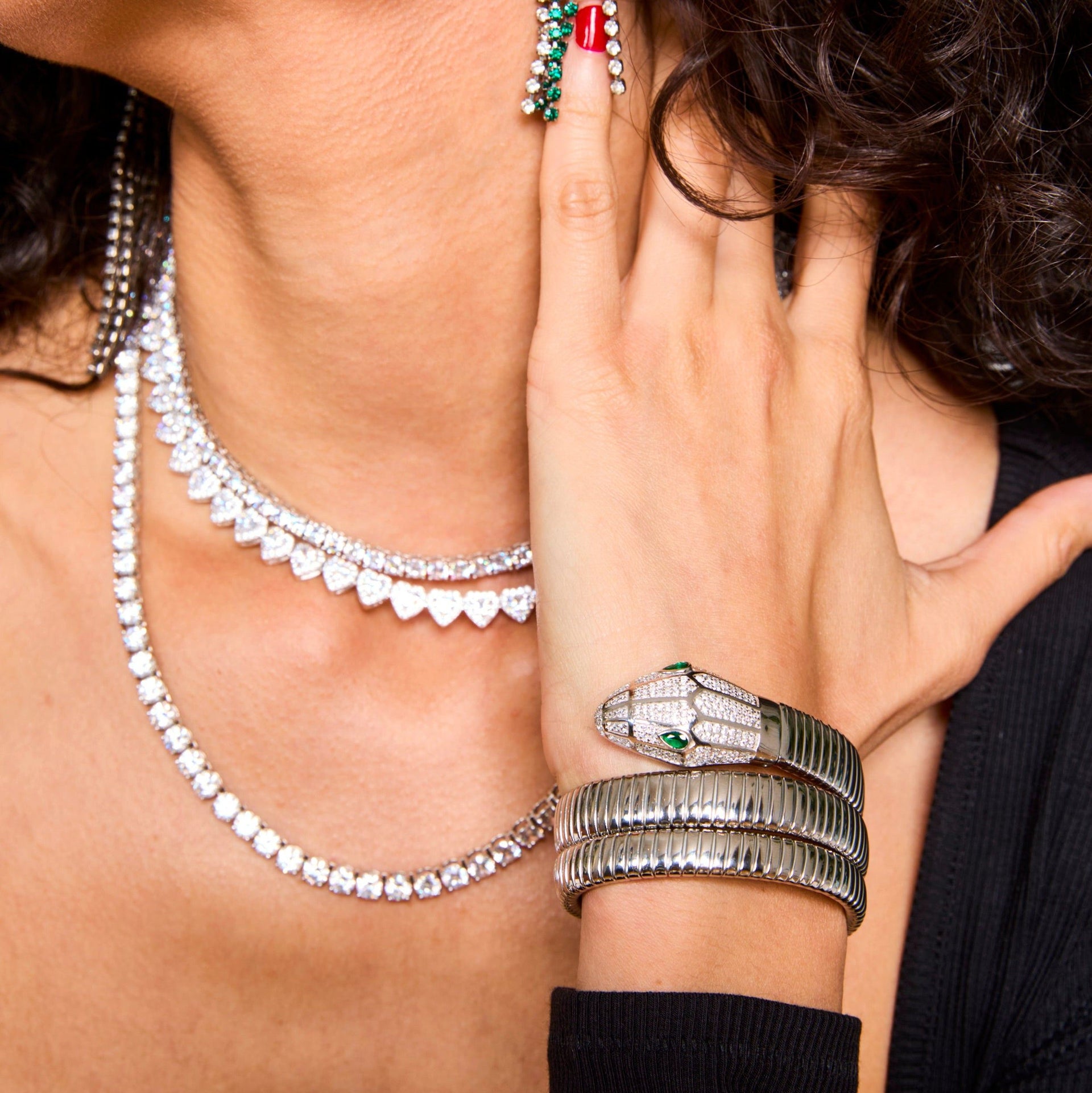 Petite Sterling Silver Crystal Triple Wrap Snake Bracelet