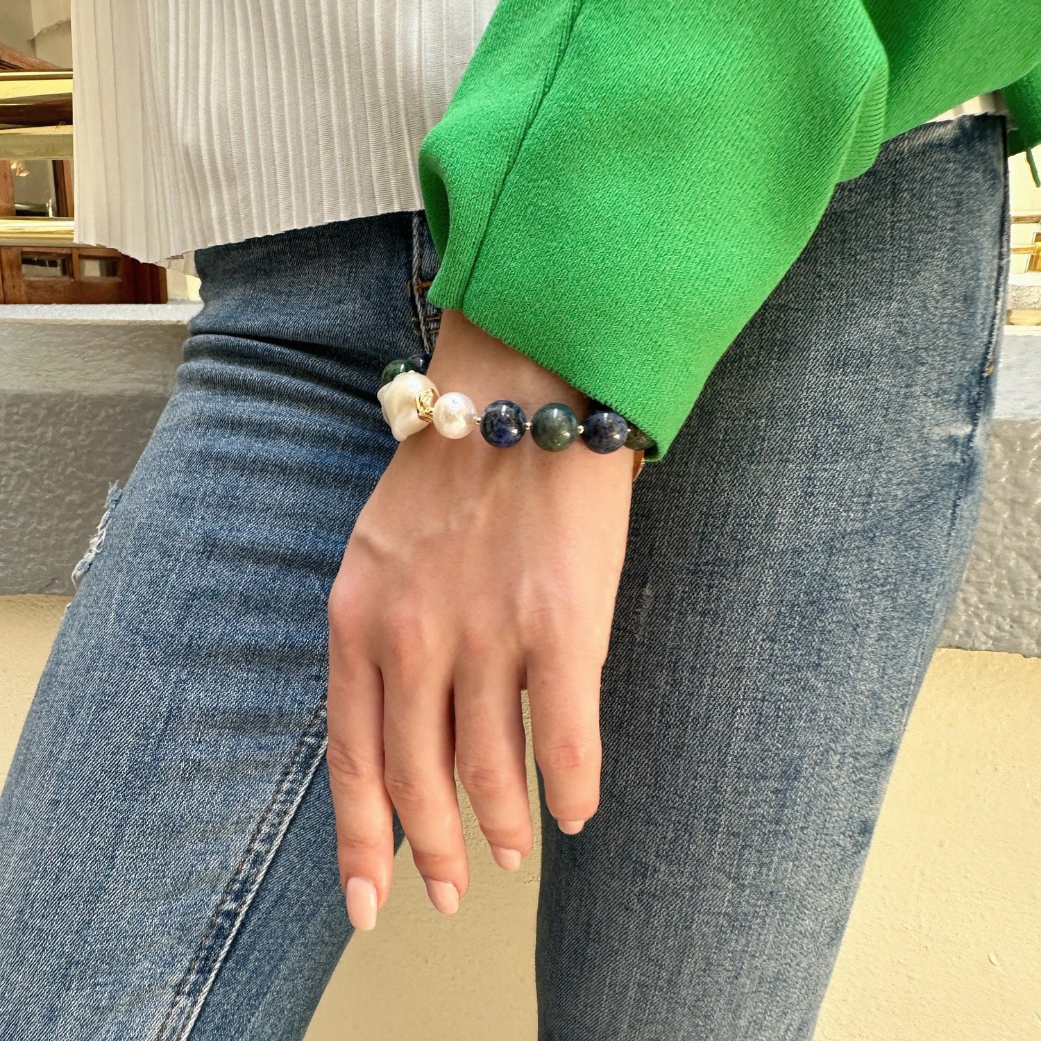 Phoenix Lapis With Baroque Pearls & Freshwater Pearl Bracelet