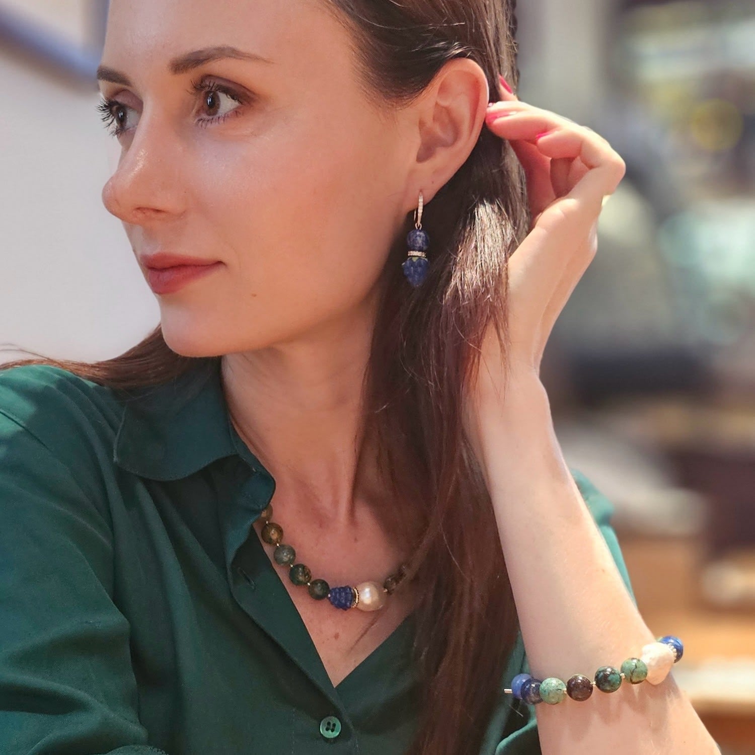 Phoenix Lapis With Baroque Pearl And Blue Raspberry Necklace