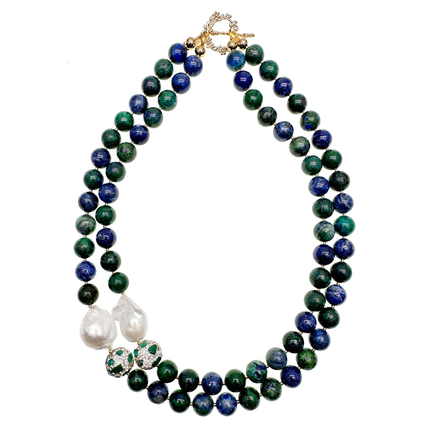 Phoenix Lapis With Baroque Pearls Double Strands Statement Necklace