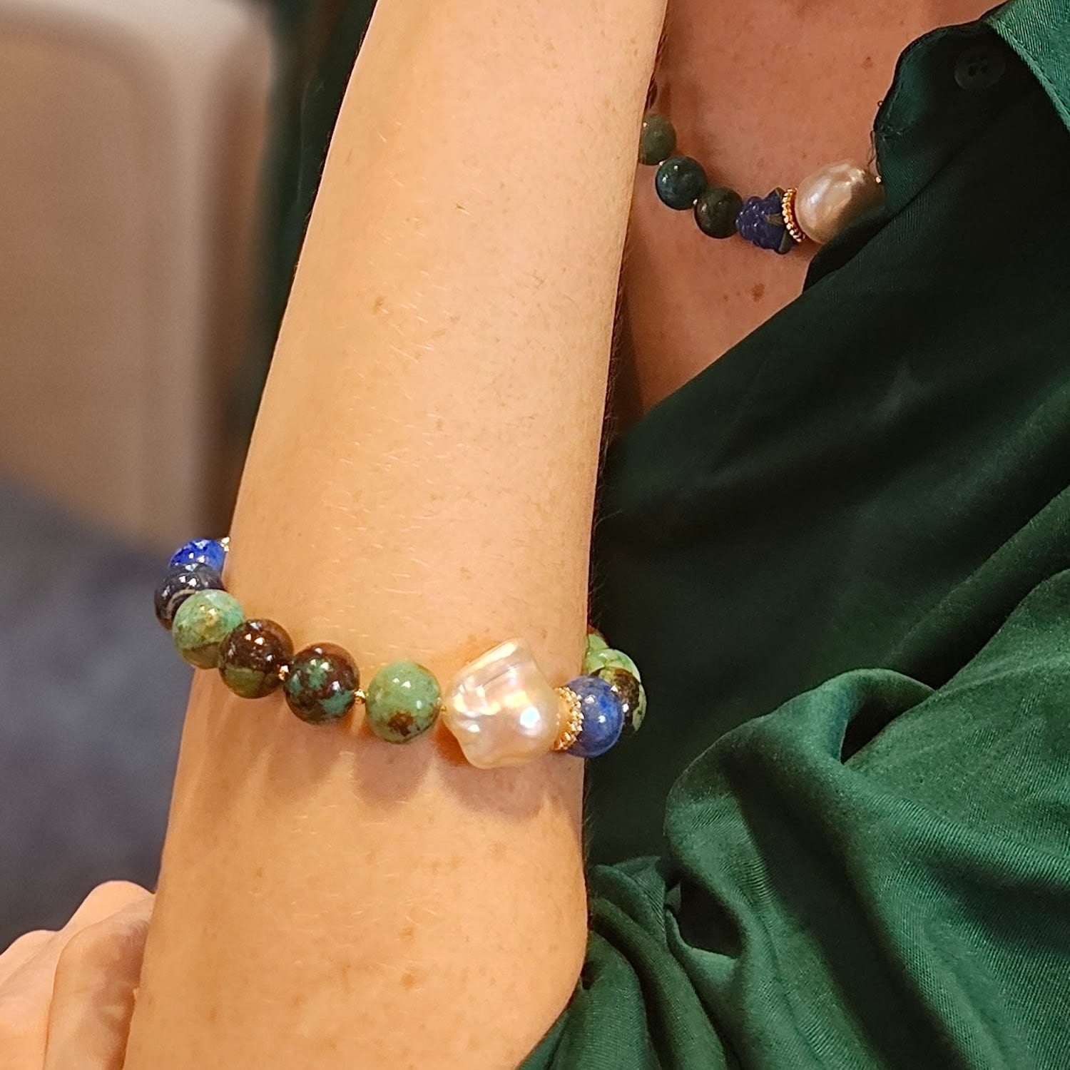 Phoenix Malachite With Baroque Pearls Bracelet