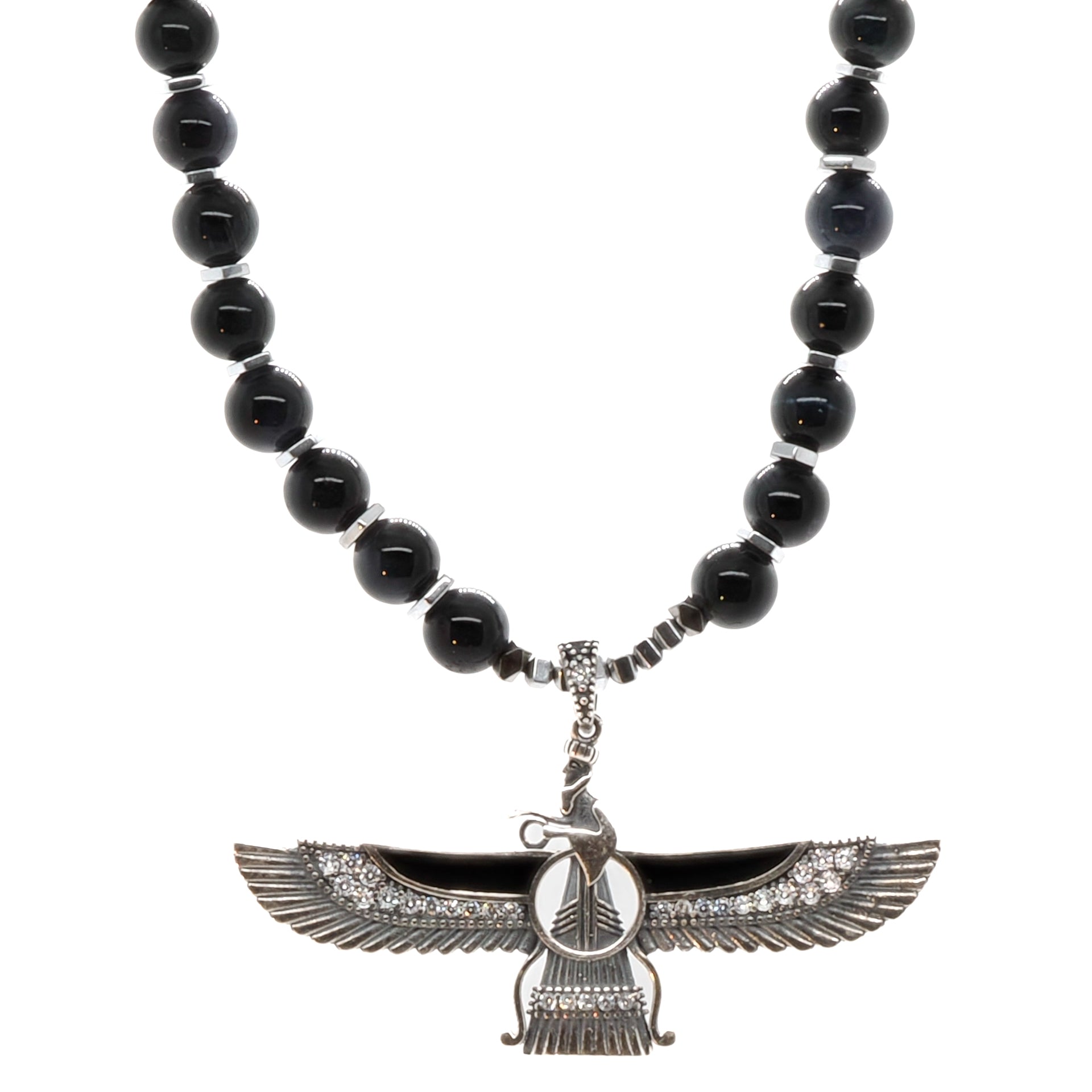 Guardian Angel Faravahar Pendant Black Tourmaline Beaded Necklace - Black