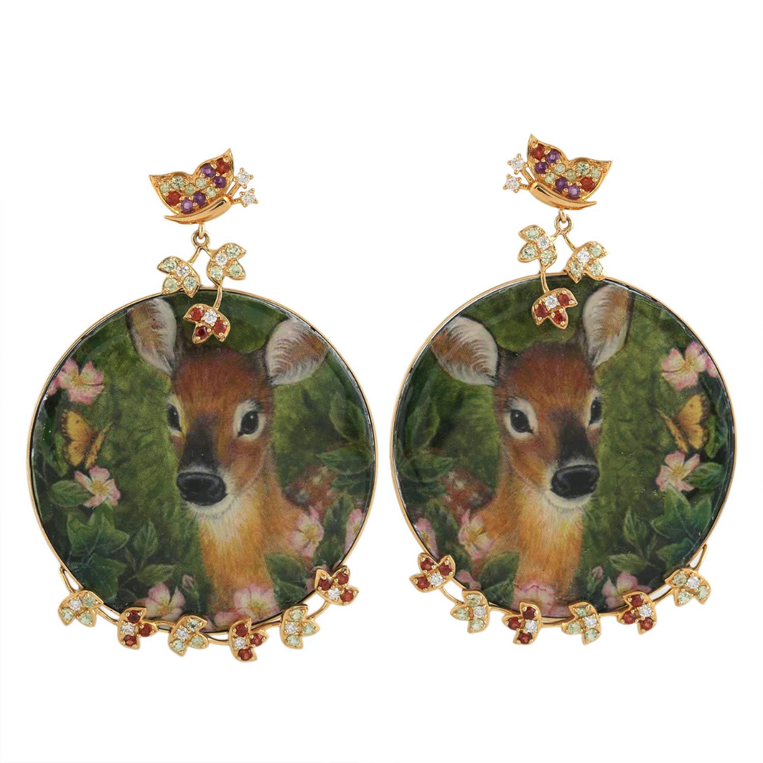 Bakelite Pave Garnet & Peridot Multi Gemstone Enamel Dangle Earrings In Gold