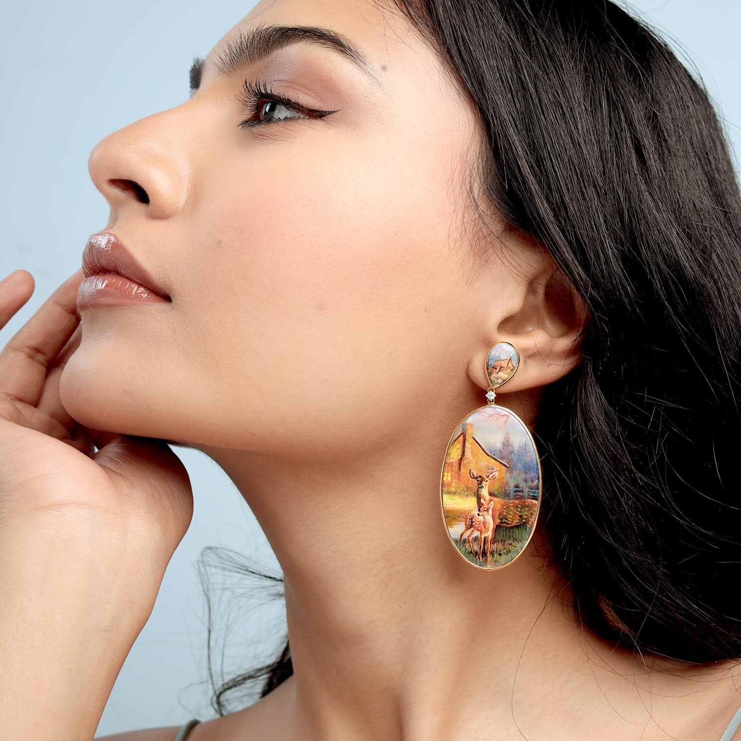 Picture Bakelite & Diamond Enamel Dangle Earrings In Yellow Gold