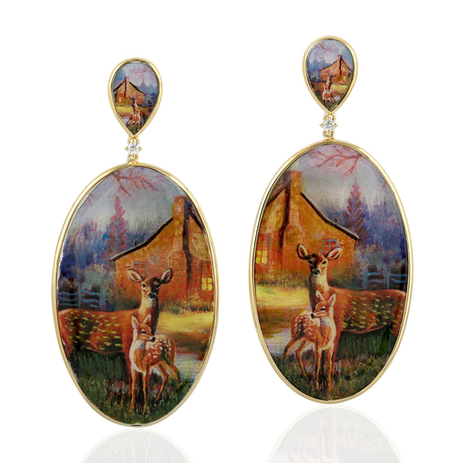 Picture Bakelite & Diamond Enamel Dangle Earrings In Yellow Gold