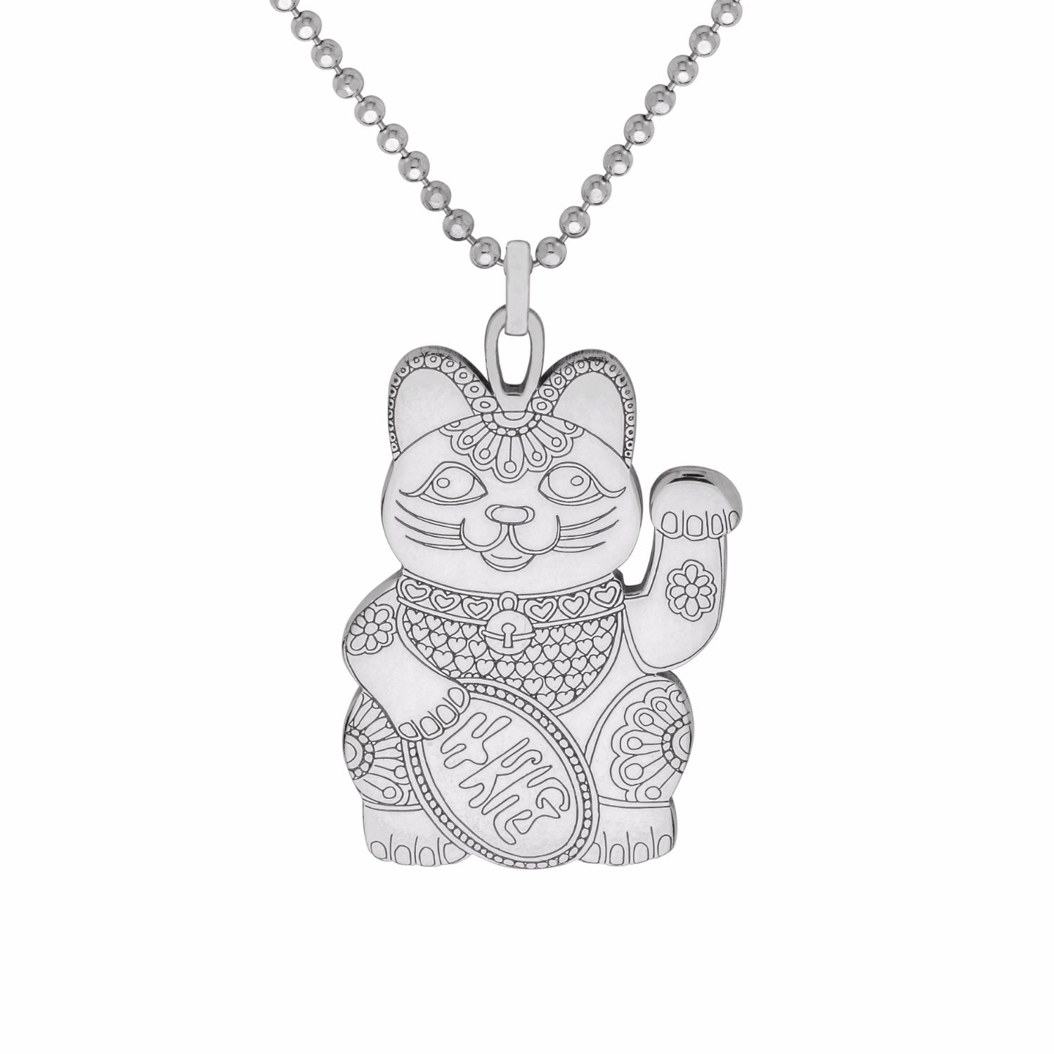 Large Lucky Cat Pendant Necklace - Silver