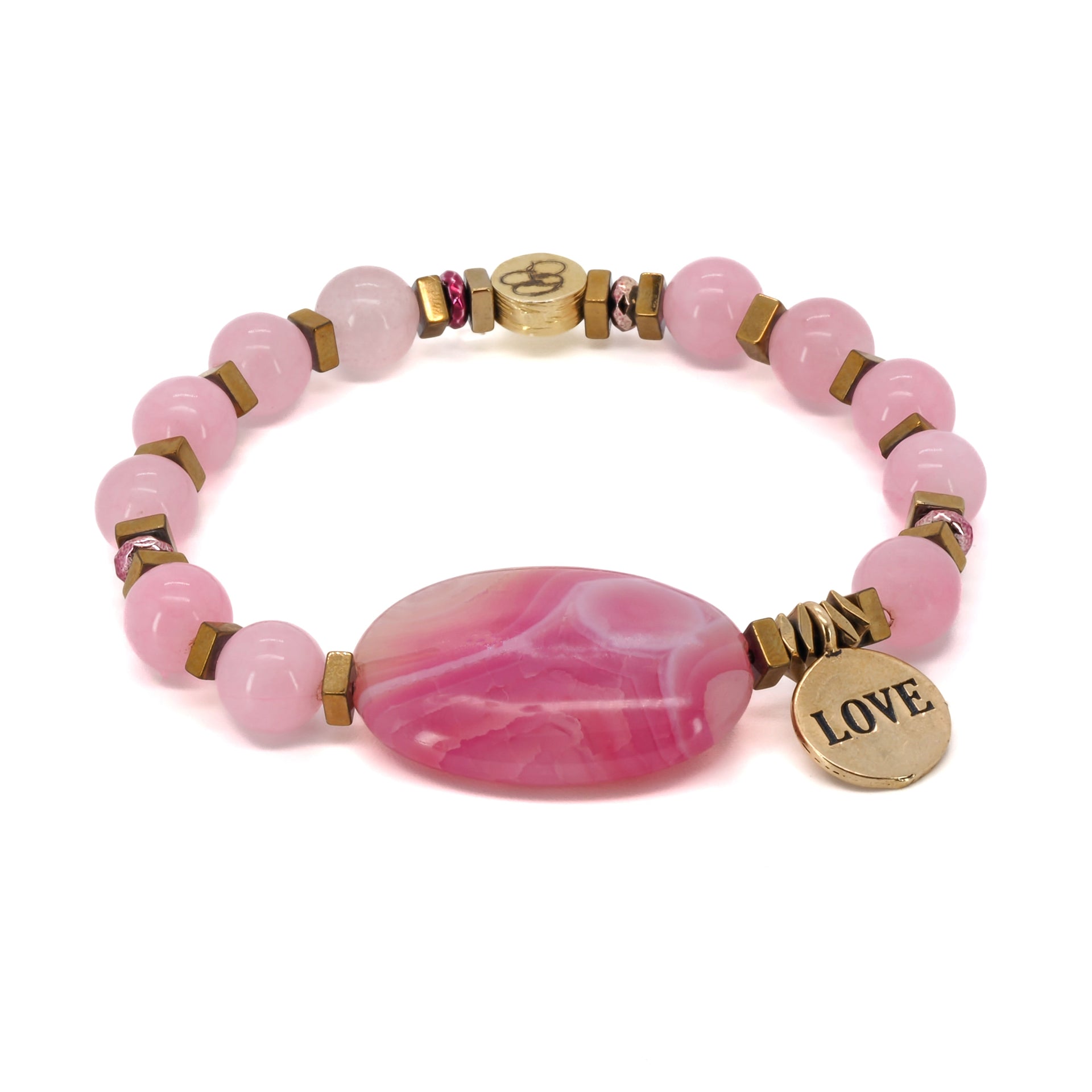Pink Agate Stone Love Charm Beaded Bracelet- Gold