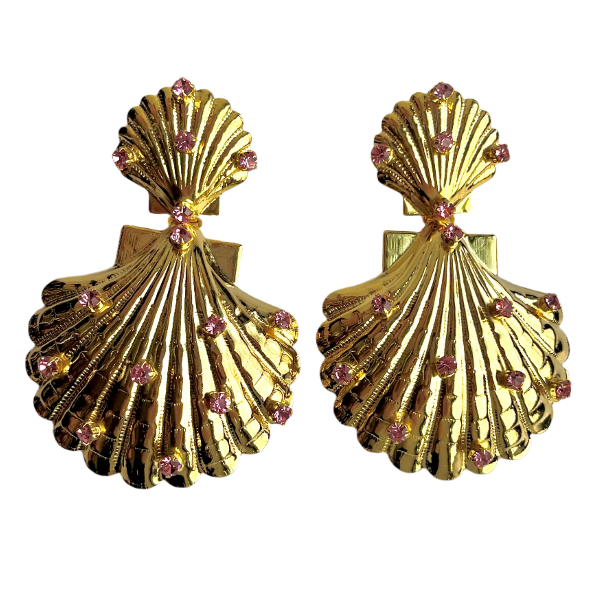 Pink Crystal Gold Shell Earrings