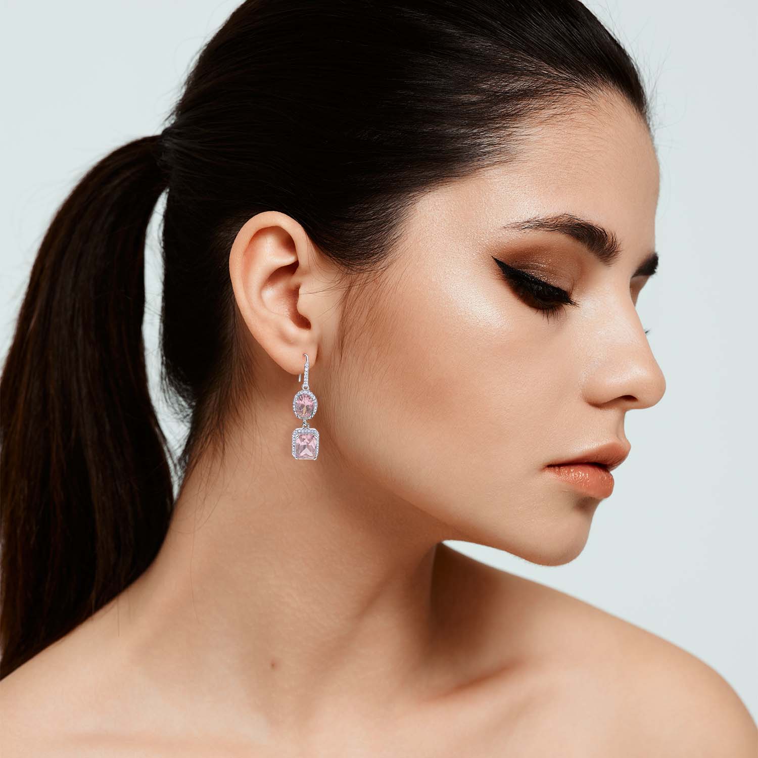 Pink Diamond Cubic Zirconium Oval And Emerald Shape Drop Earrings With Pave Cubic Zirconium Trim