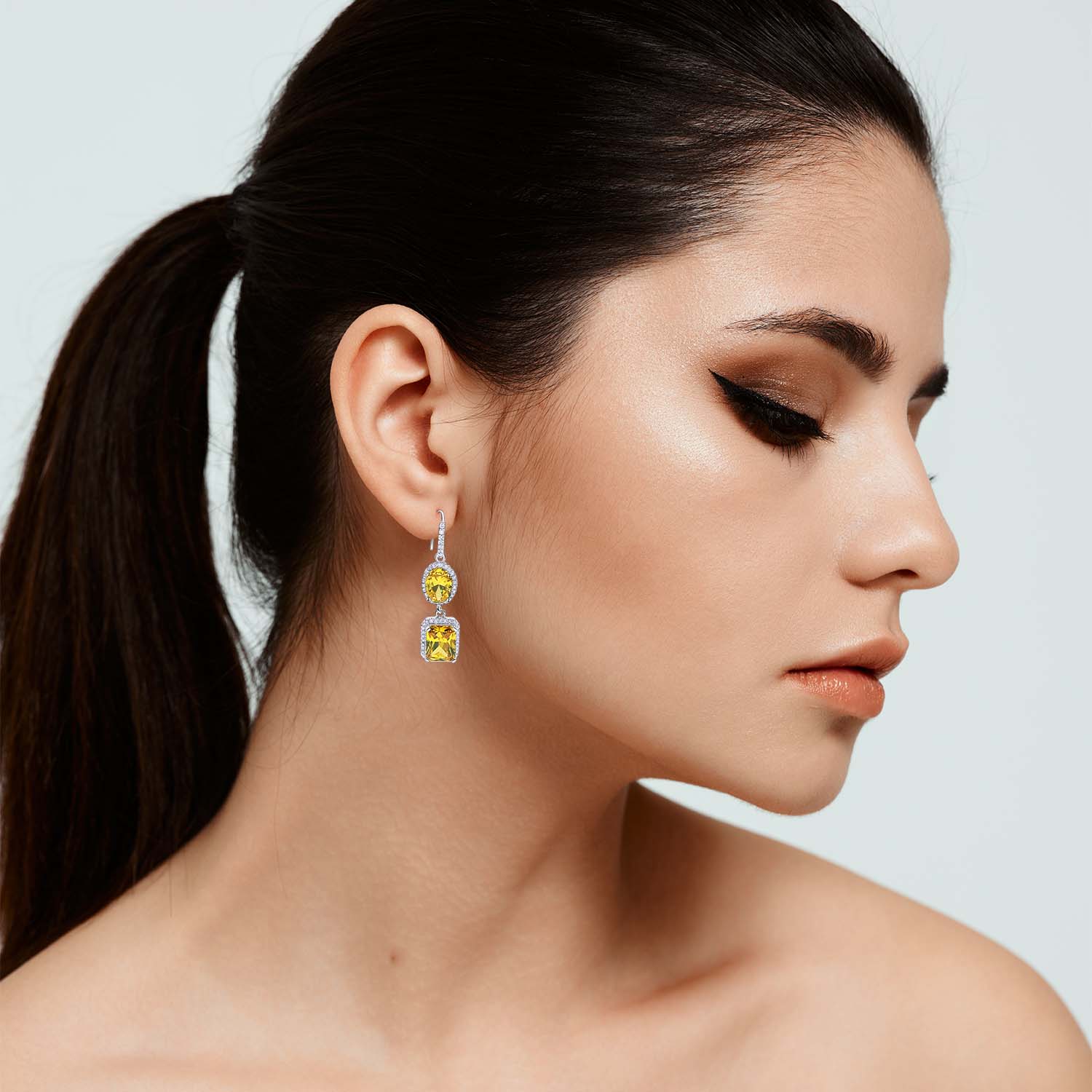 Canary Diamond Cubic Zirconium Oval And Emerald Shape Drop Earrings With Pave Cubic Zirconium Trimium Trim