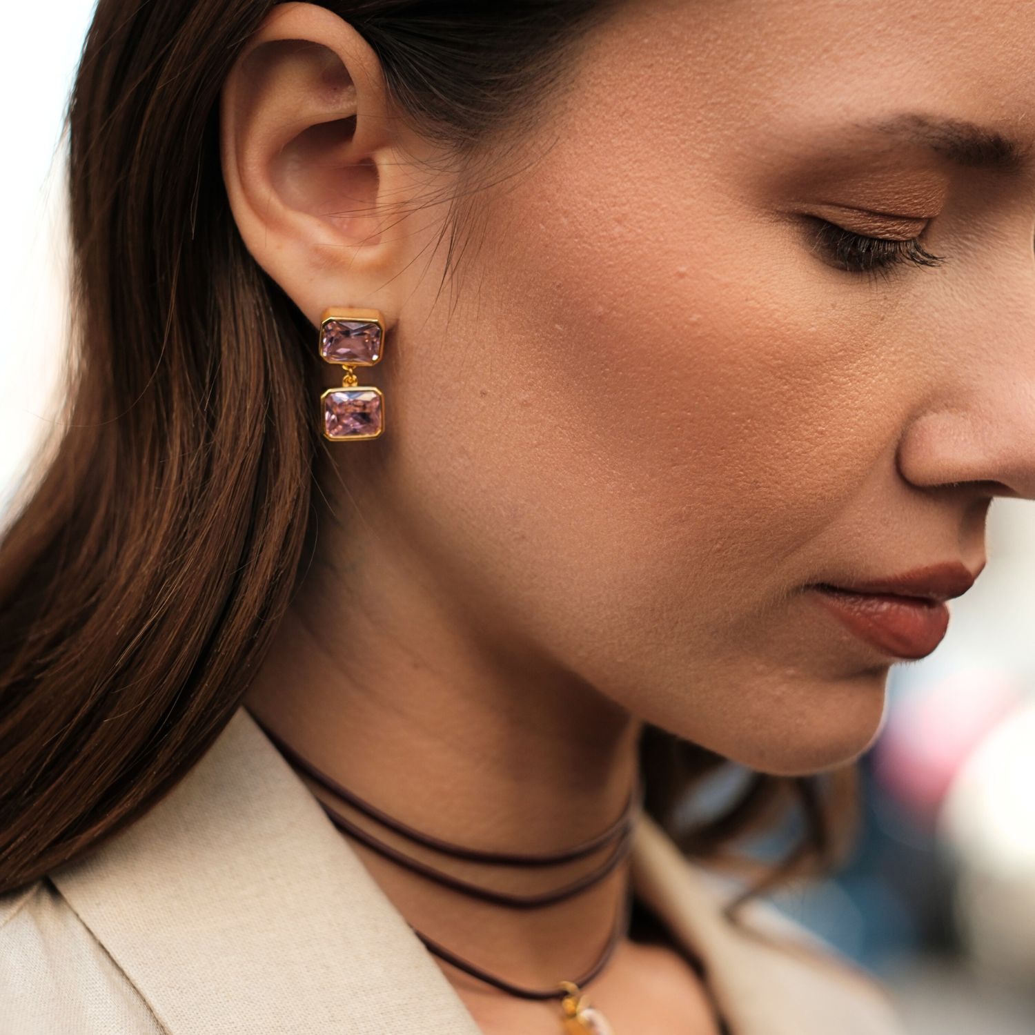Pink Double Crystal Stone Dangle Earrings
