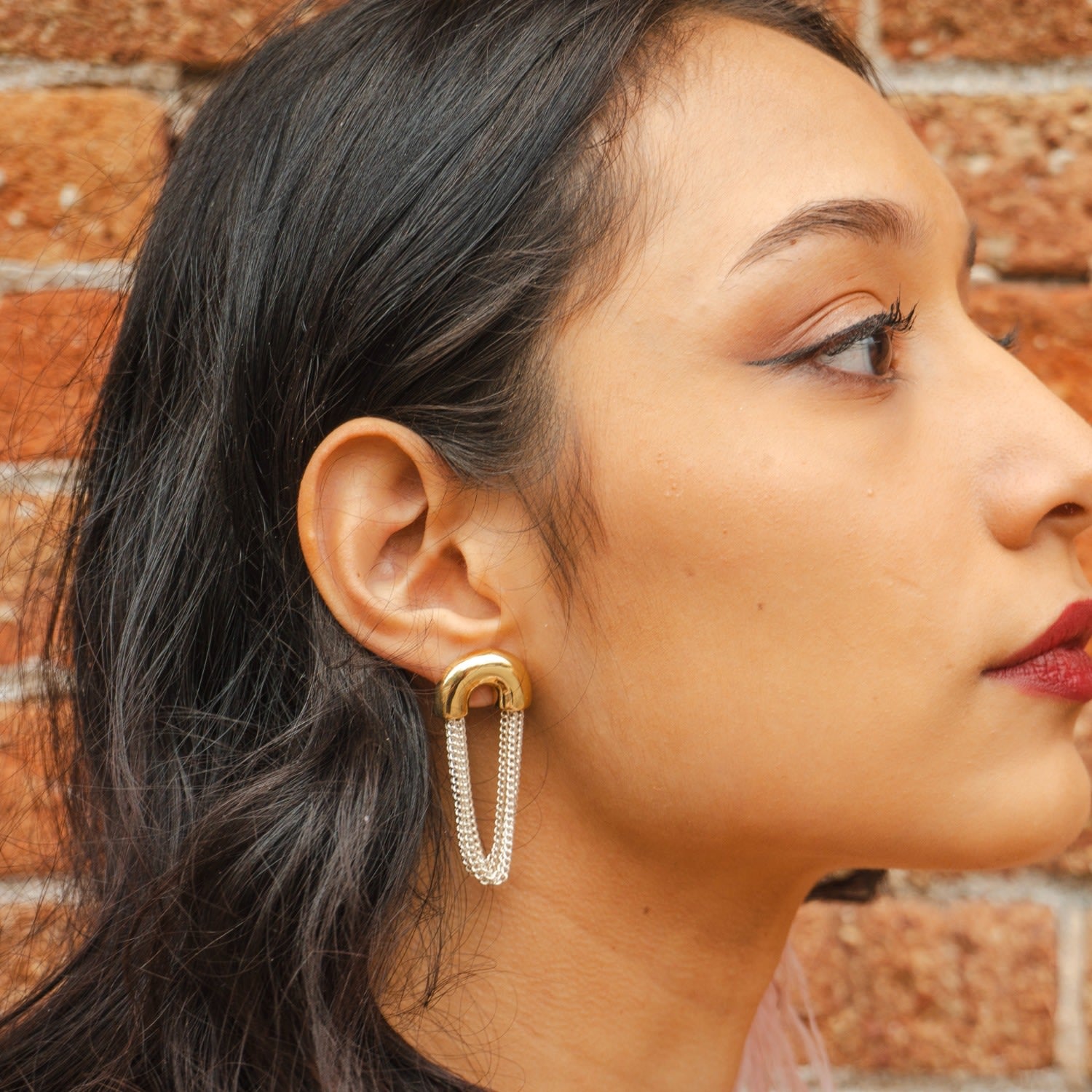 Pink Feather Chain Mismatch Earrings