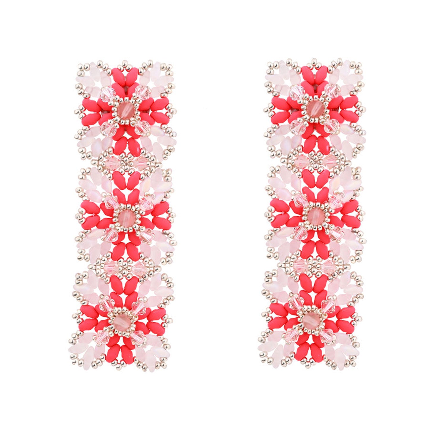 Pink Glass Beads & Silver Lace Design Long Elegant Earrings