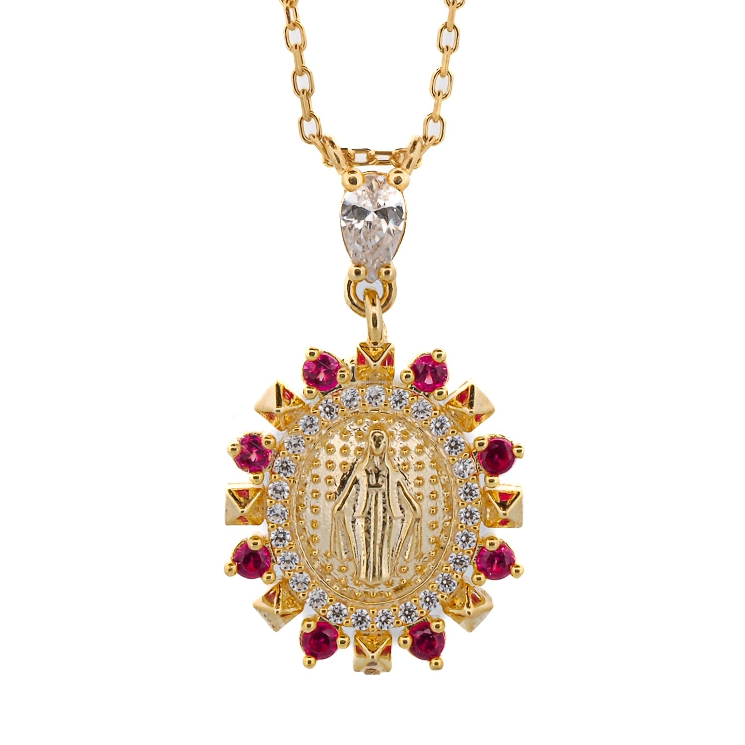 Ruby & Diamond Virgin Mary Pendant Gold Chain Necklace - Gold