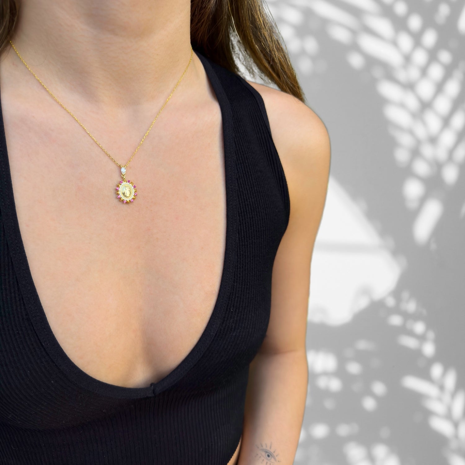 Ruby & Diamond Virgin Mary Pendant Gold Chain Necklace - Gold