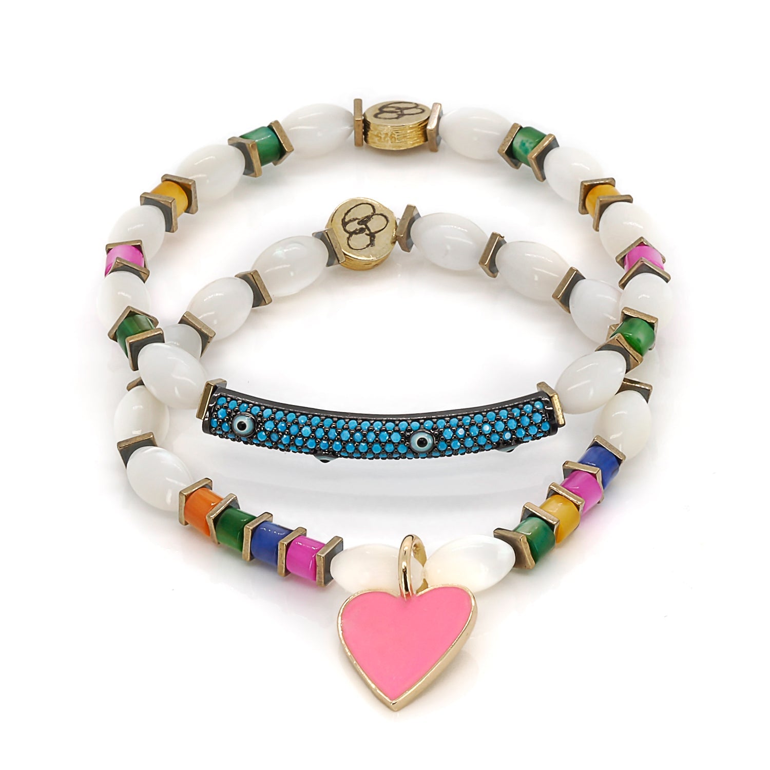 Pink Heart Blue Evil Eye Pearl Beaded Bracelet Set