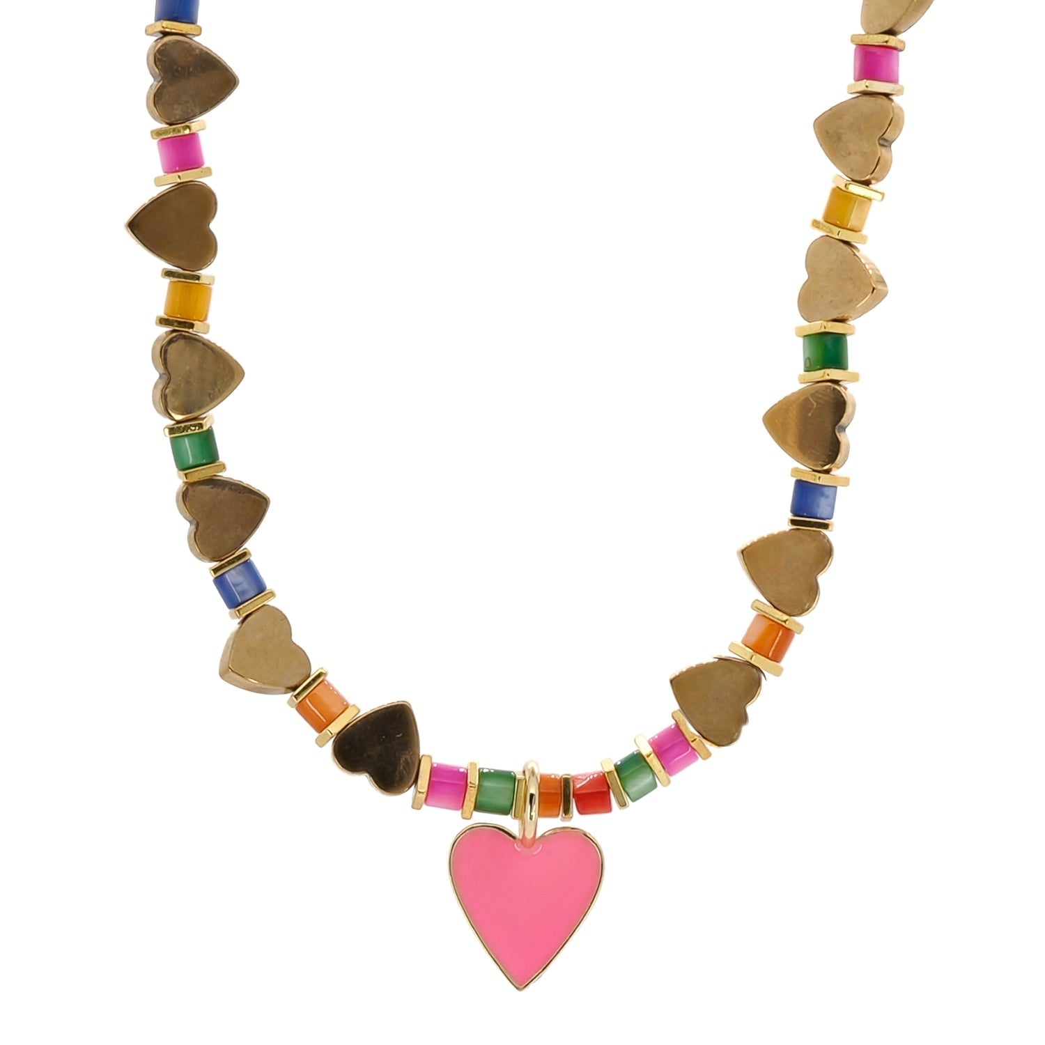 Pink Heart Pendant Gold Heart Beaded Colorful Necklace - Pink