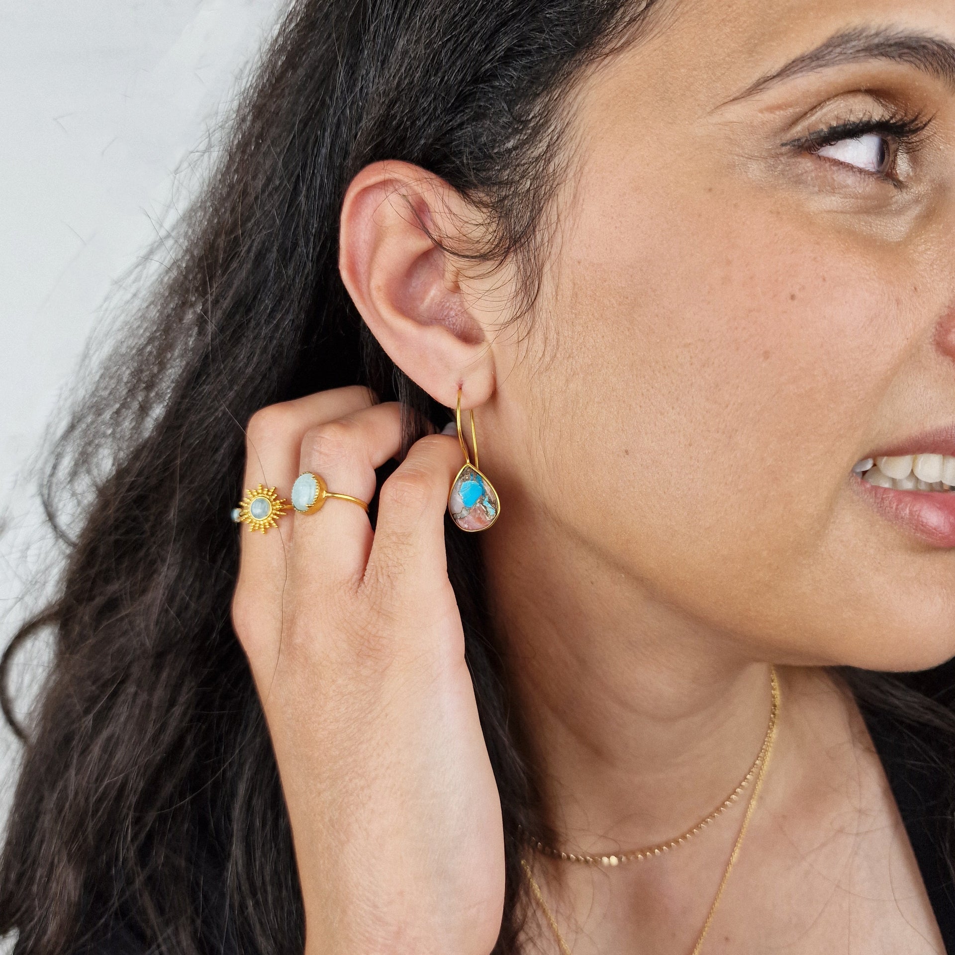 Pink Opal Turquoise Gold Vermeil Wire Drop Gemstone Crystal Earrings