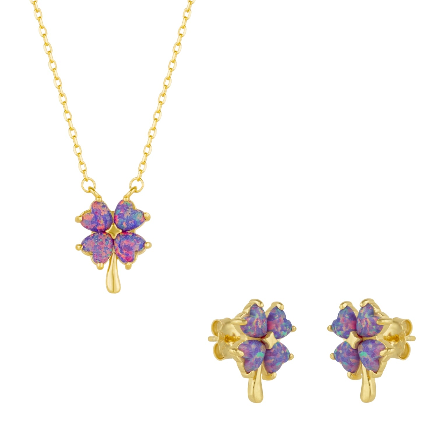 Pink & Purple Opal Four Leaf Clover Sterling Silver Necklace & Earrings Set - Gold