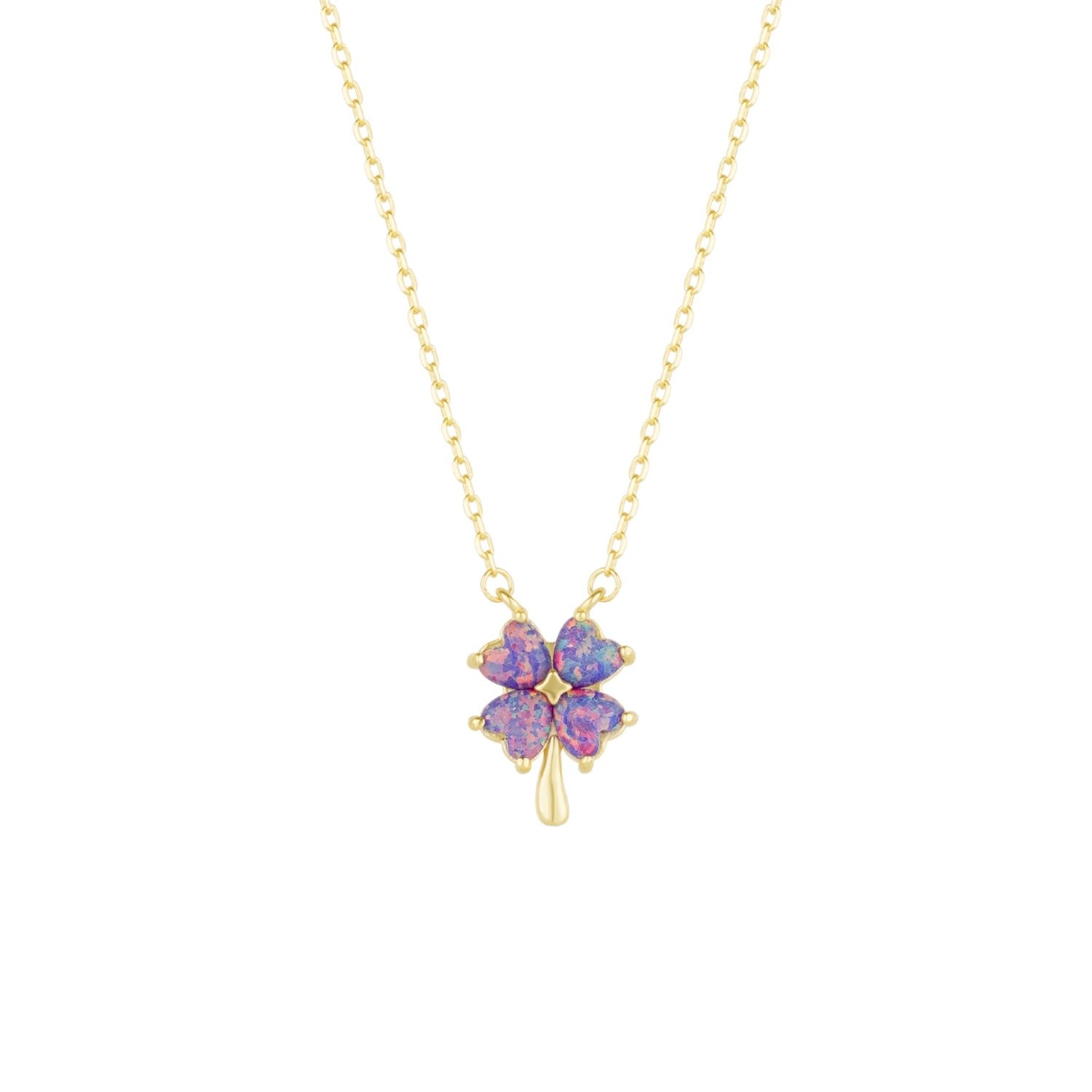 Pink & Purple Opal Four Leaf Clover Sterling Silver Necklace - Gold