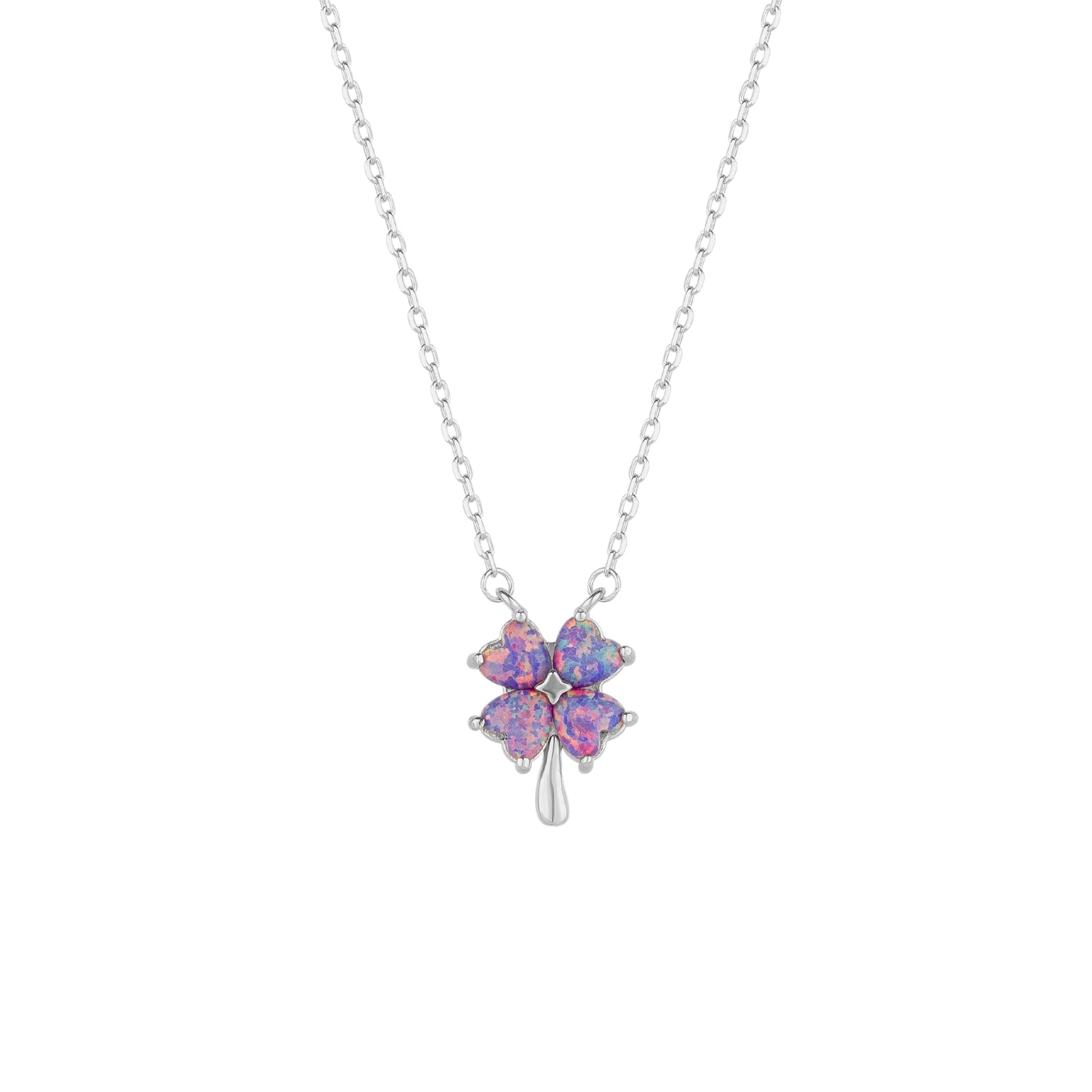 Pink & Purple Opal Four Leaf Clover Sterling Silver Necklace