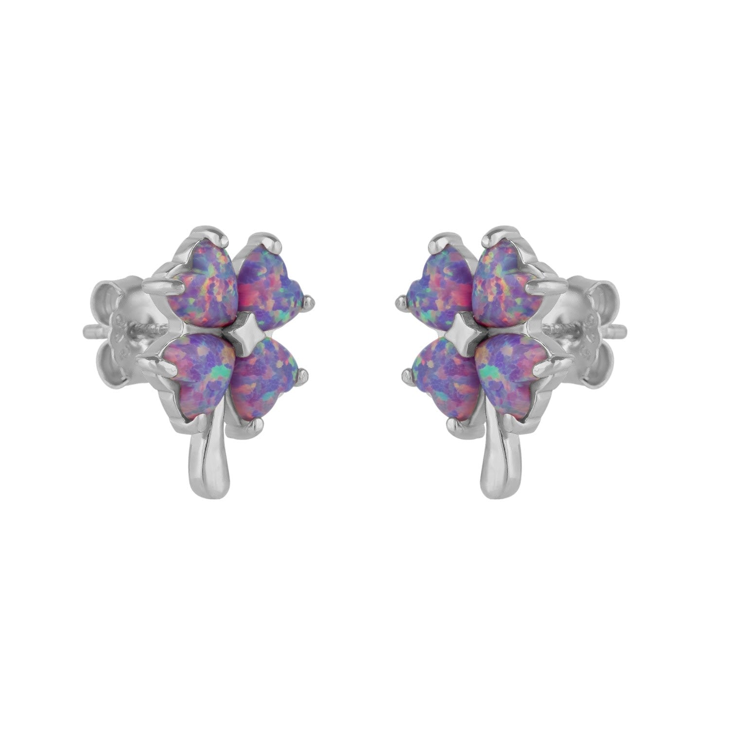 Pink Purple Opal Four Leaves Clover Sterling Silver Stud Earrings - Silver