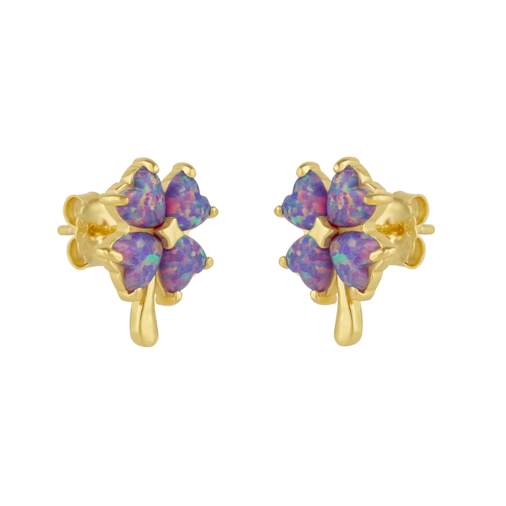 Pink Purple Opal Four Leaves Clover Sterling Silver Stud Earrings - Gold