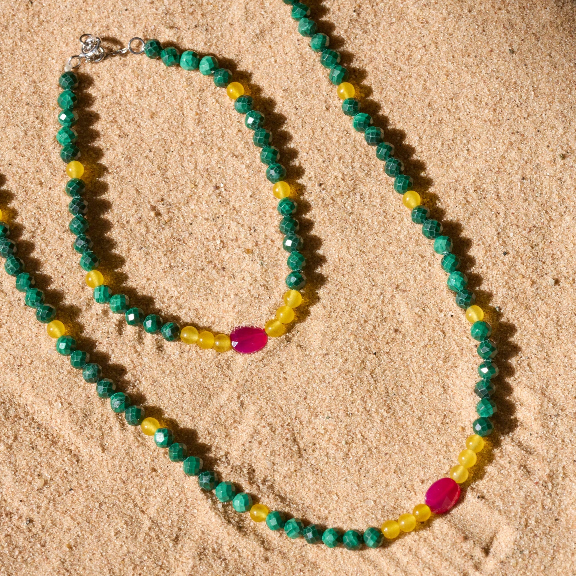 Pink Quartz, Citrine & Malachite Beaded Bracelet Sterling Silver