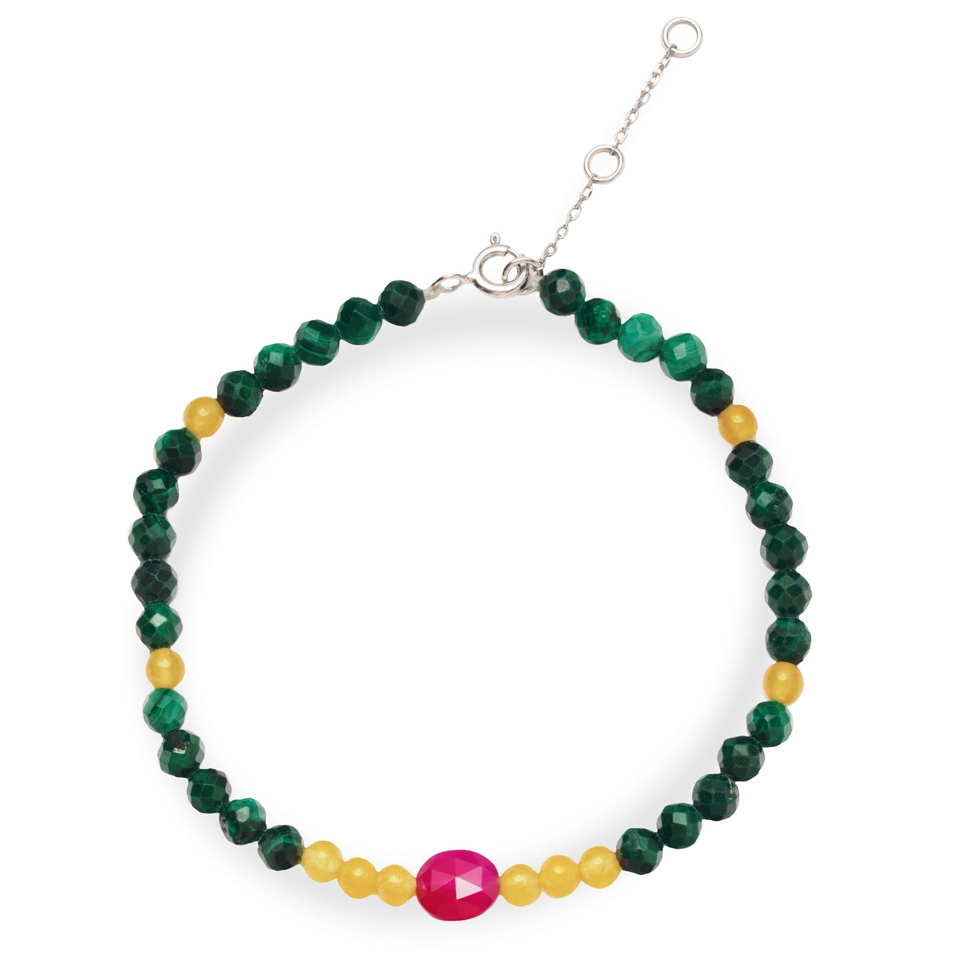 Pink Quartz, Citrine & Malachite Beaded Bracelet Sterling Silver