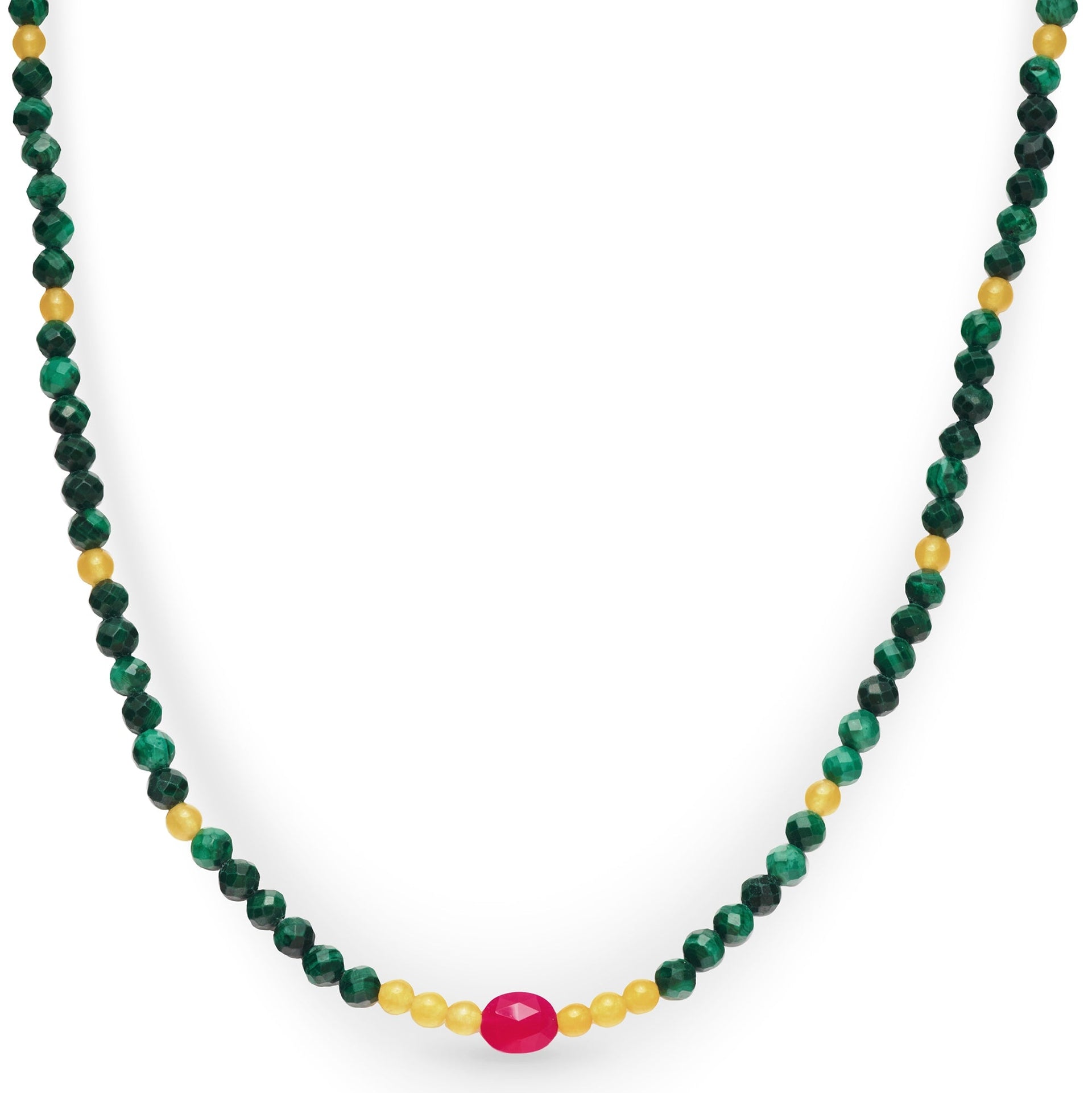 Pink Quartz, Citrine & Malachite Beaded Necklace Sterling Silver