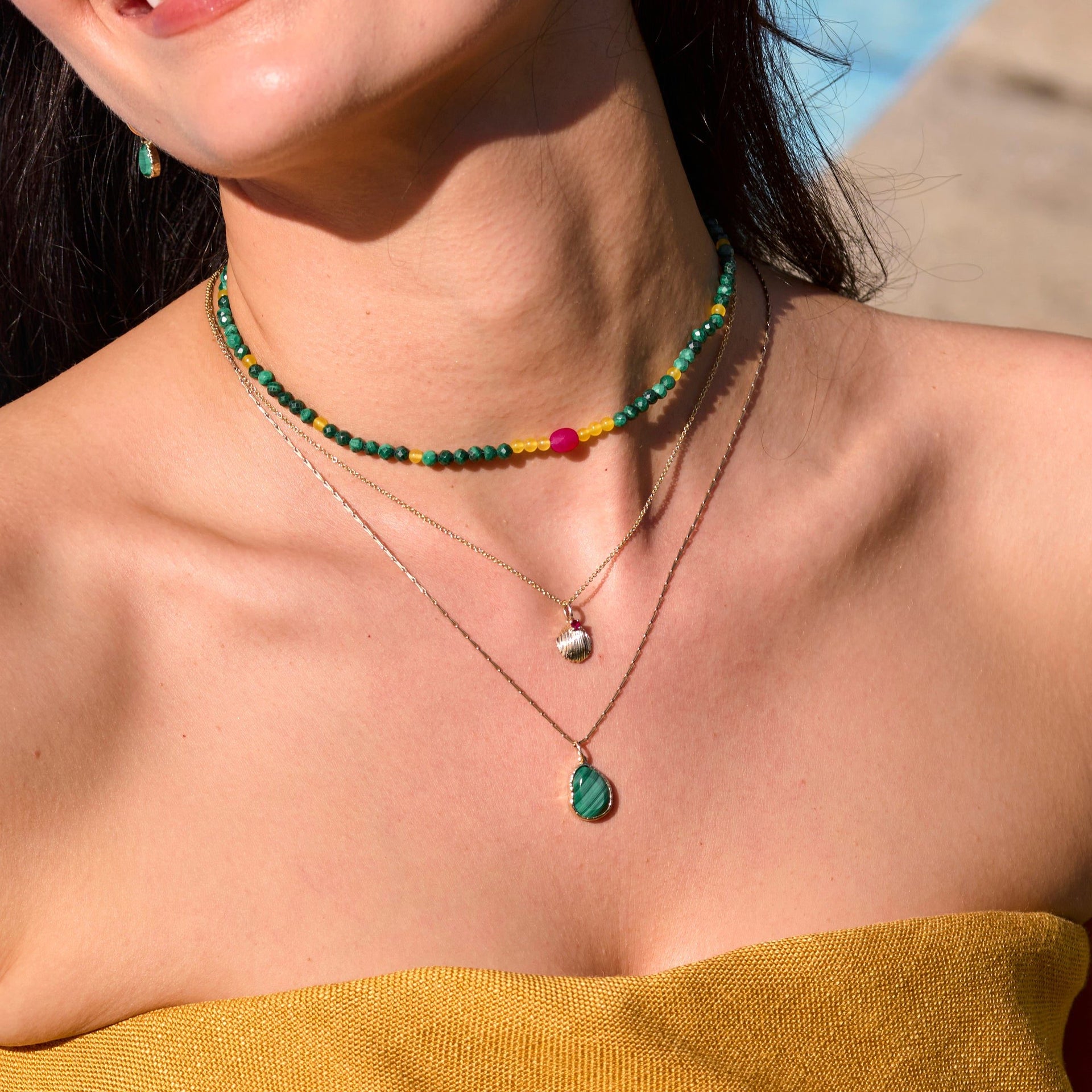 Pink Quartz, Citrine & Malachite Beaded Necklace Sterling Silver