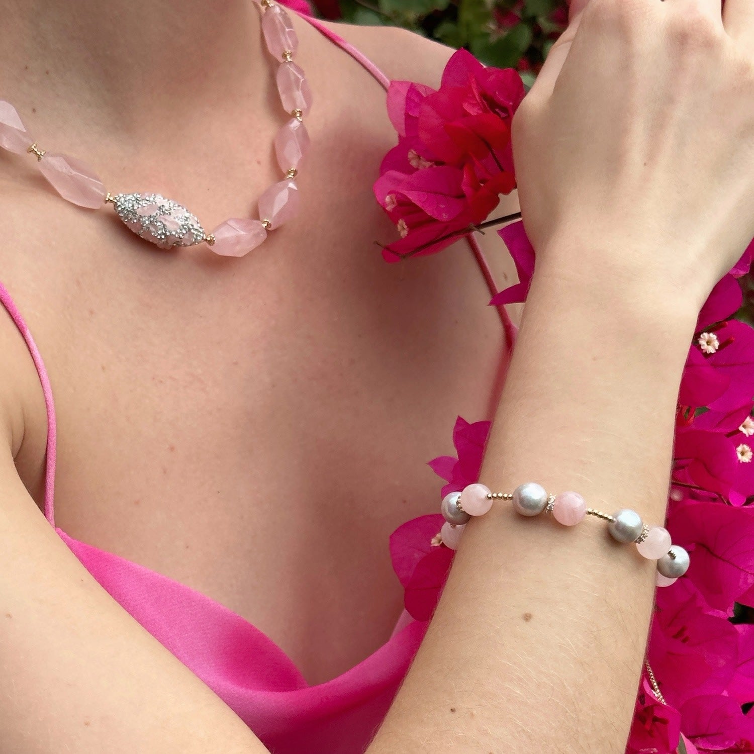 Pink Rose Quartz And Gray Freshwater Pearls Adjustable Bracelet