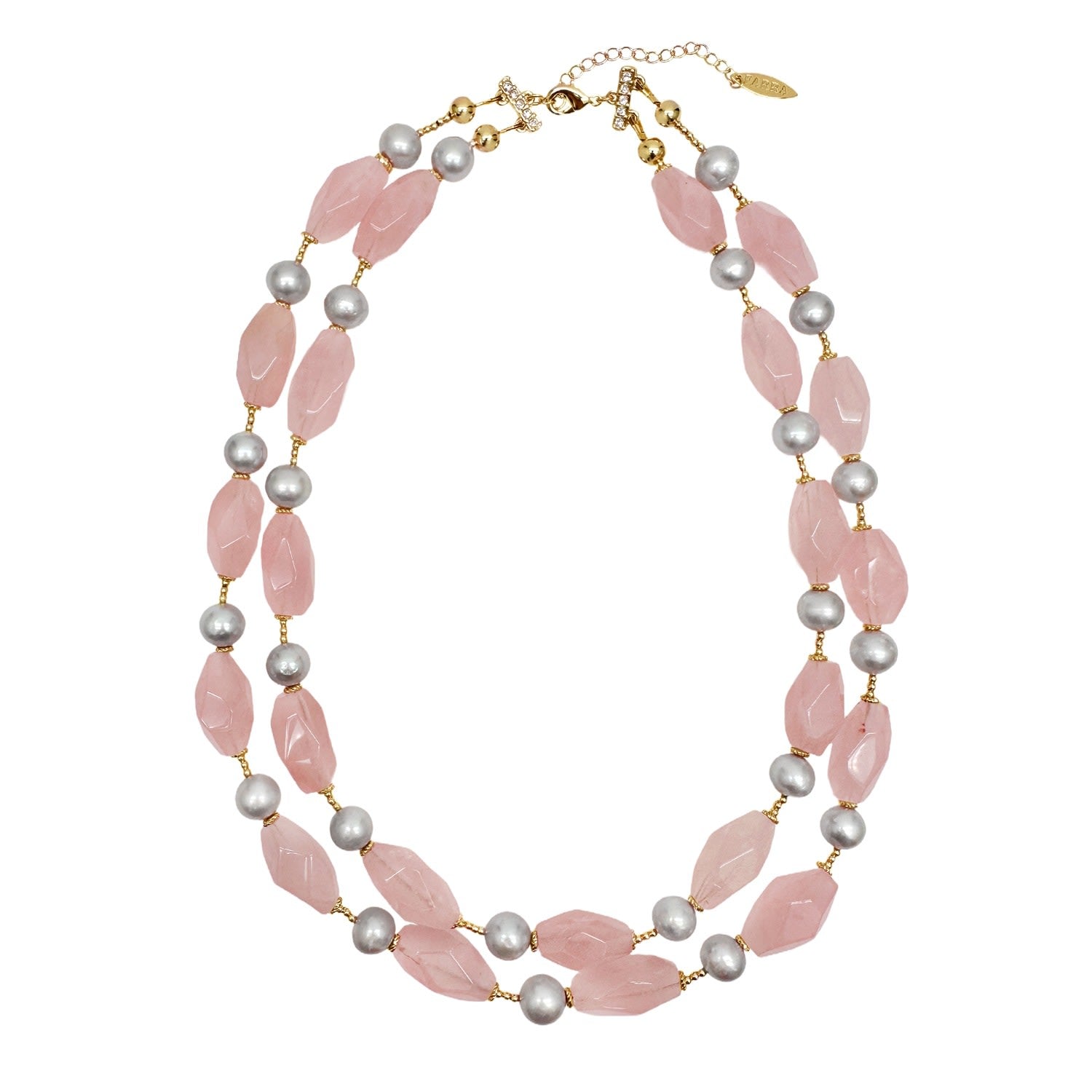 Pink Rose Quartz And Gray Freshwater Pearls Double Layers Necklace