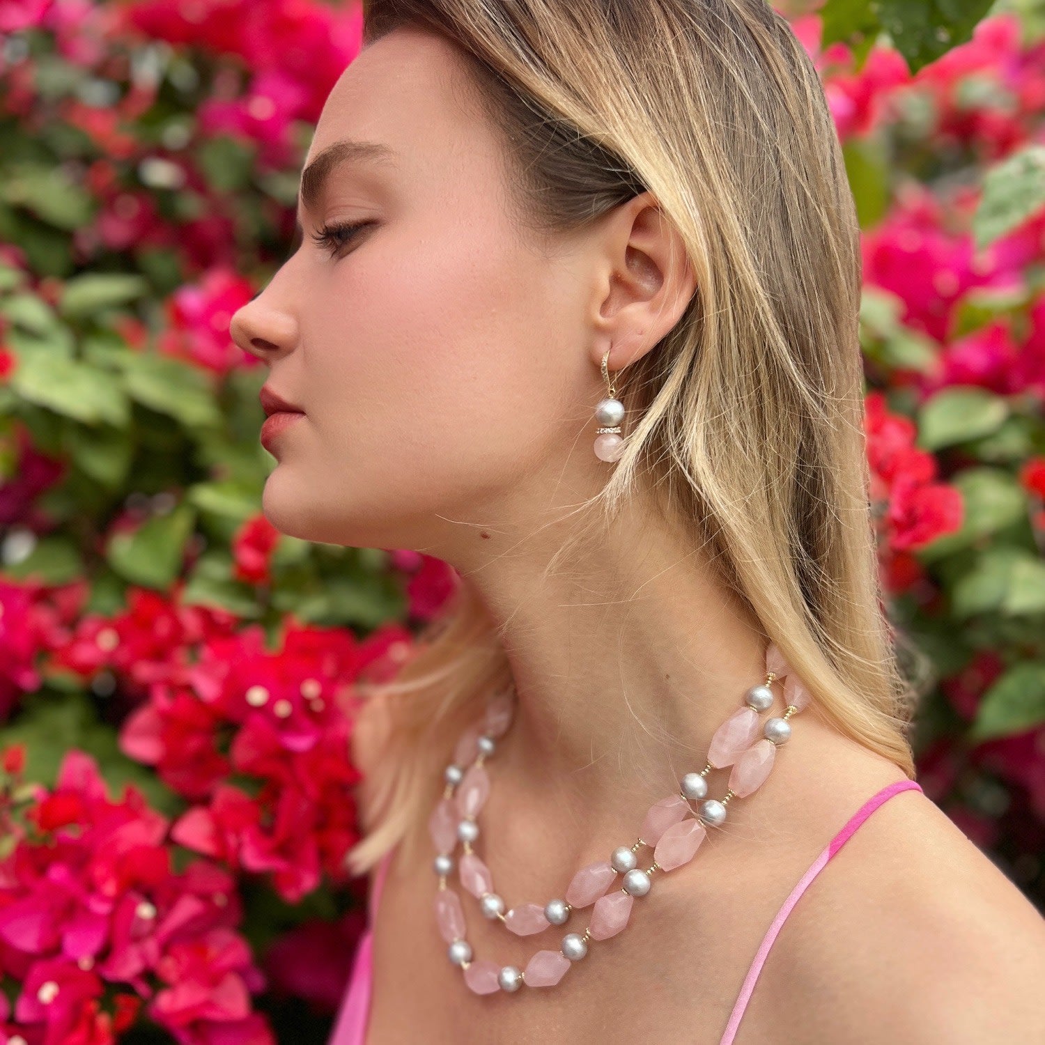 Pink Rose Quartz And Gray Freshwater Pearls Double Layers Necklace