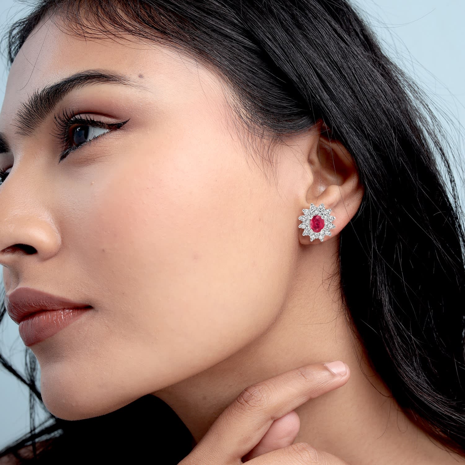 Pink Ruby & Diamond Oval Stud Earrings In 18K White Gold