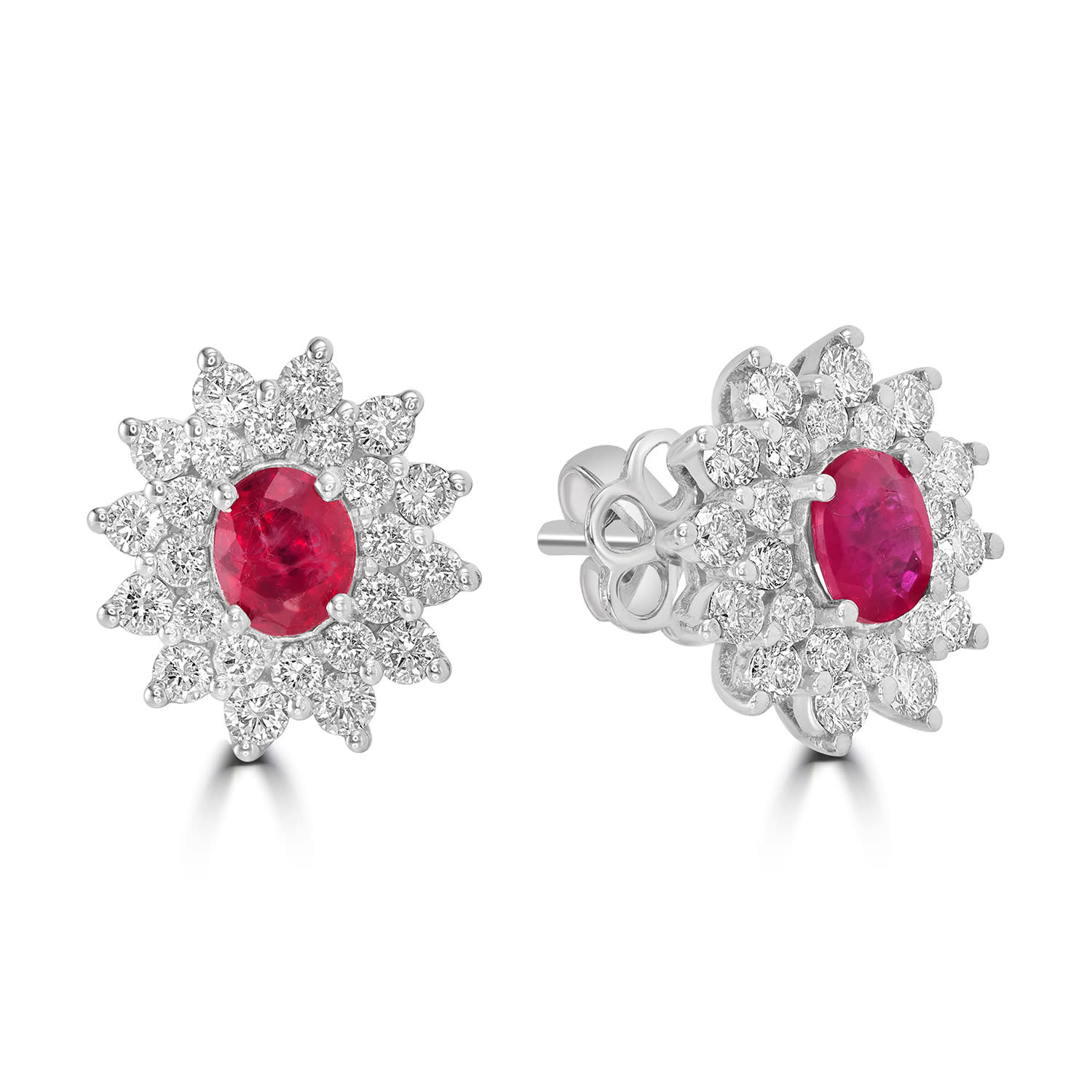 Pink Ruby & Diamond Oval Stud Earrings In 18K White Gold