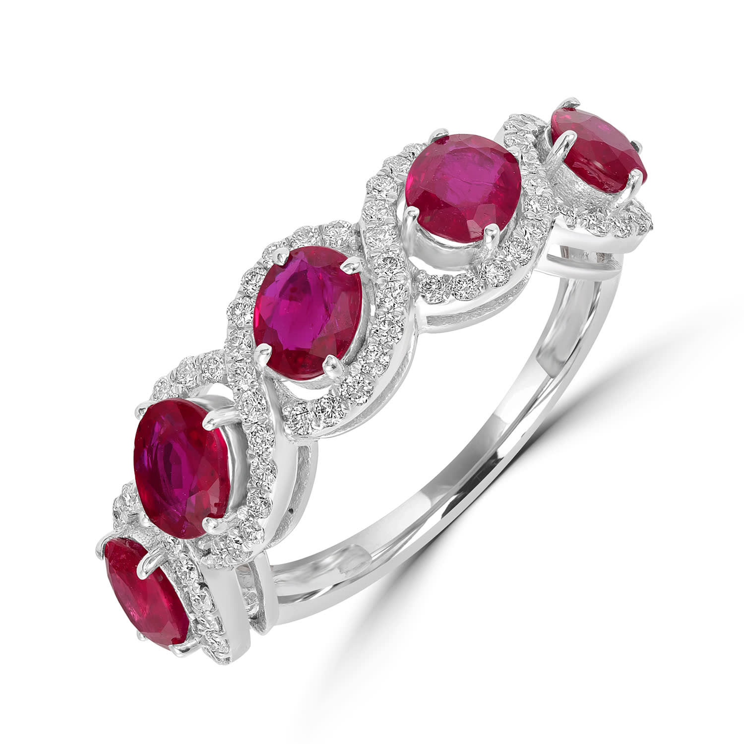 Pink Ruby Gemstone Pave Diamond Designer Band Ring In White Gold