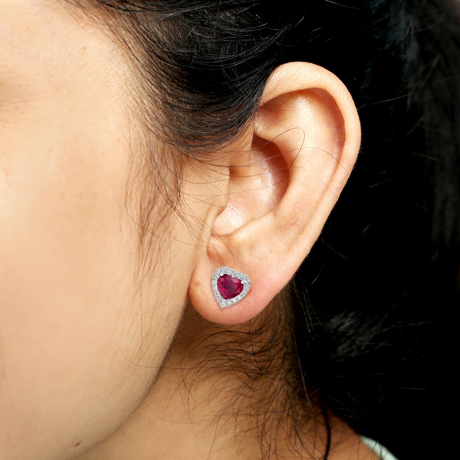 Pink Ruby Gemstone Pave Diamond Heart Earrings In White Gold