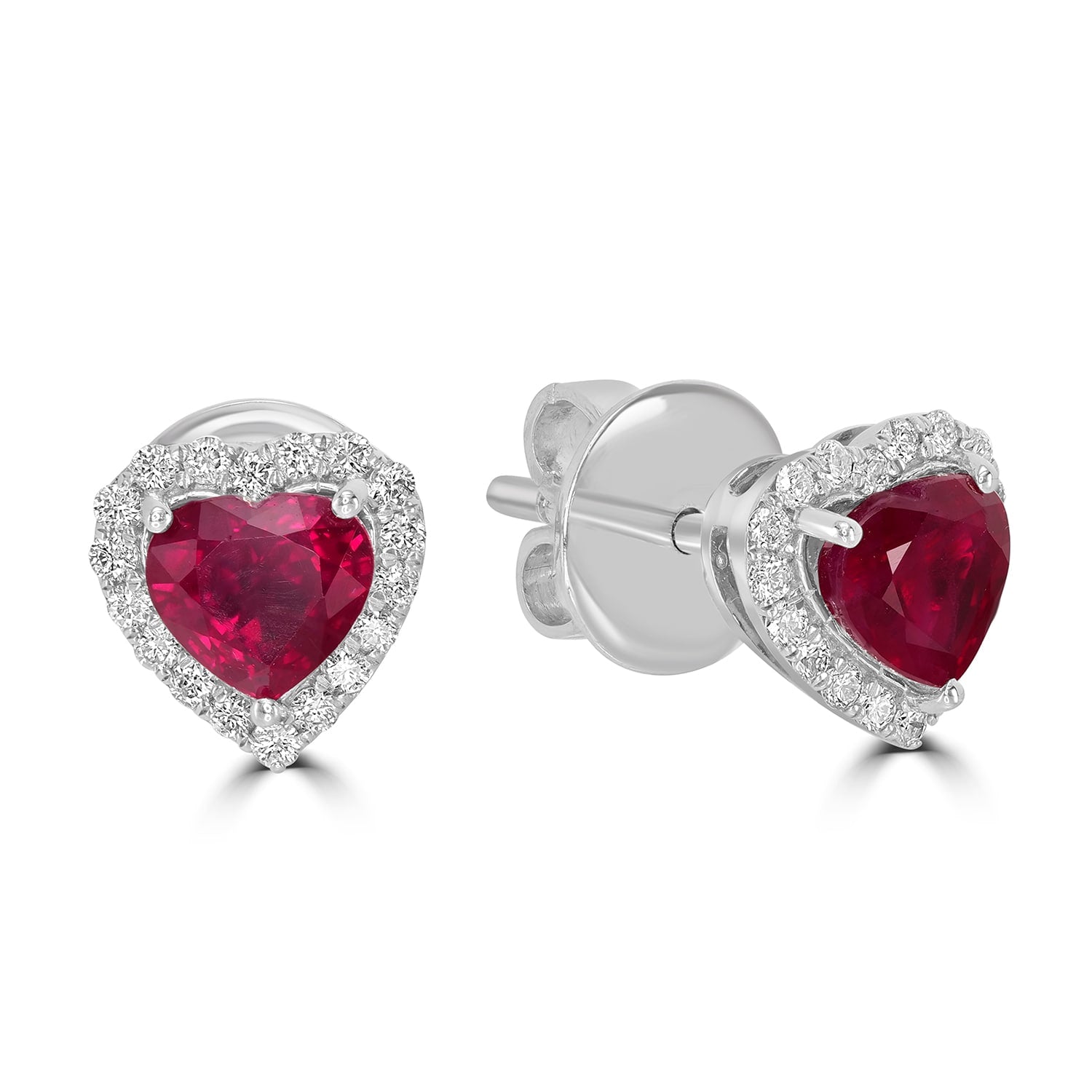 Pink Ruby Gemstone Pave Diamond Heart Earrings In White Gold